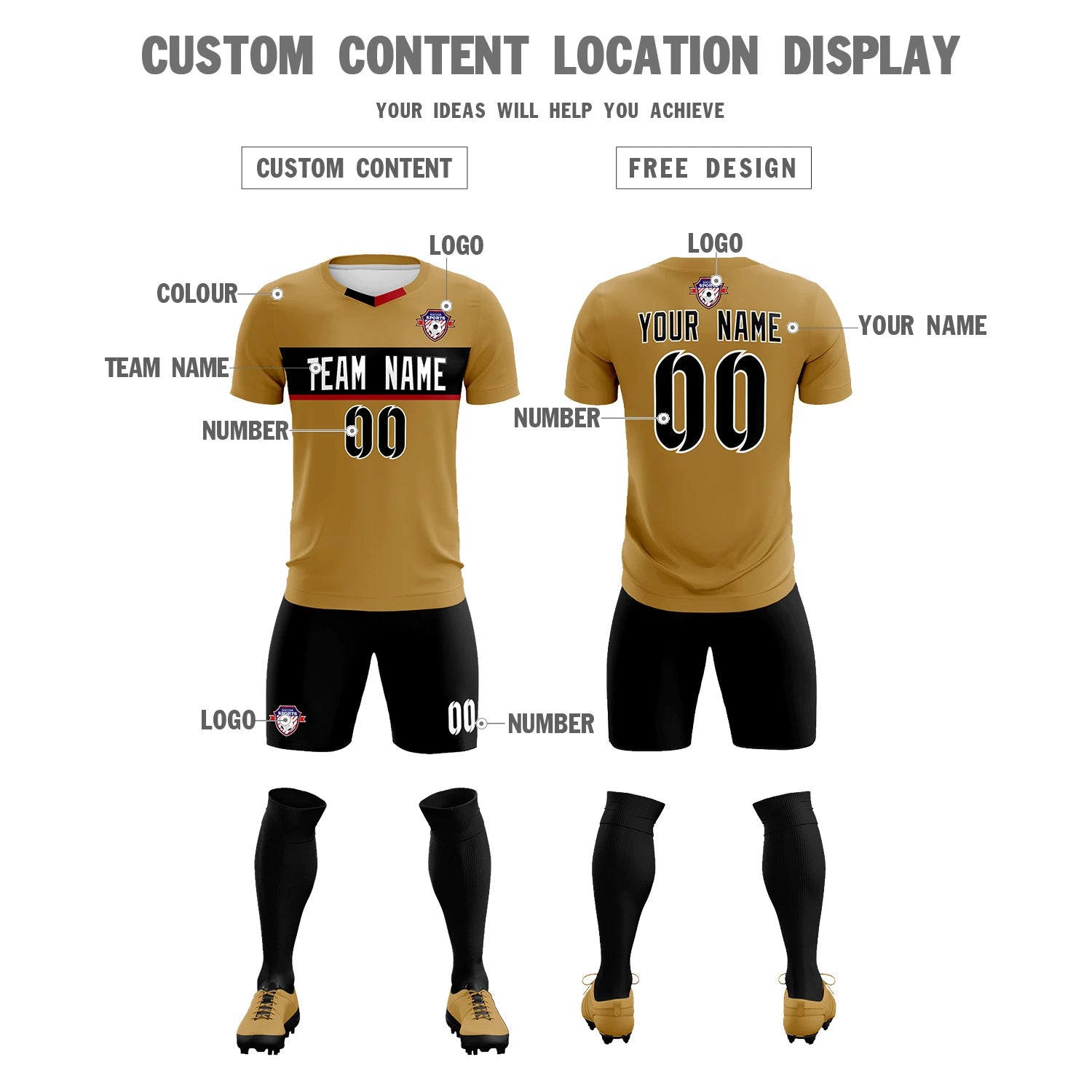 Custom Old Gold Black Casual Printing Sportswear Soccer Sets Jersey
