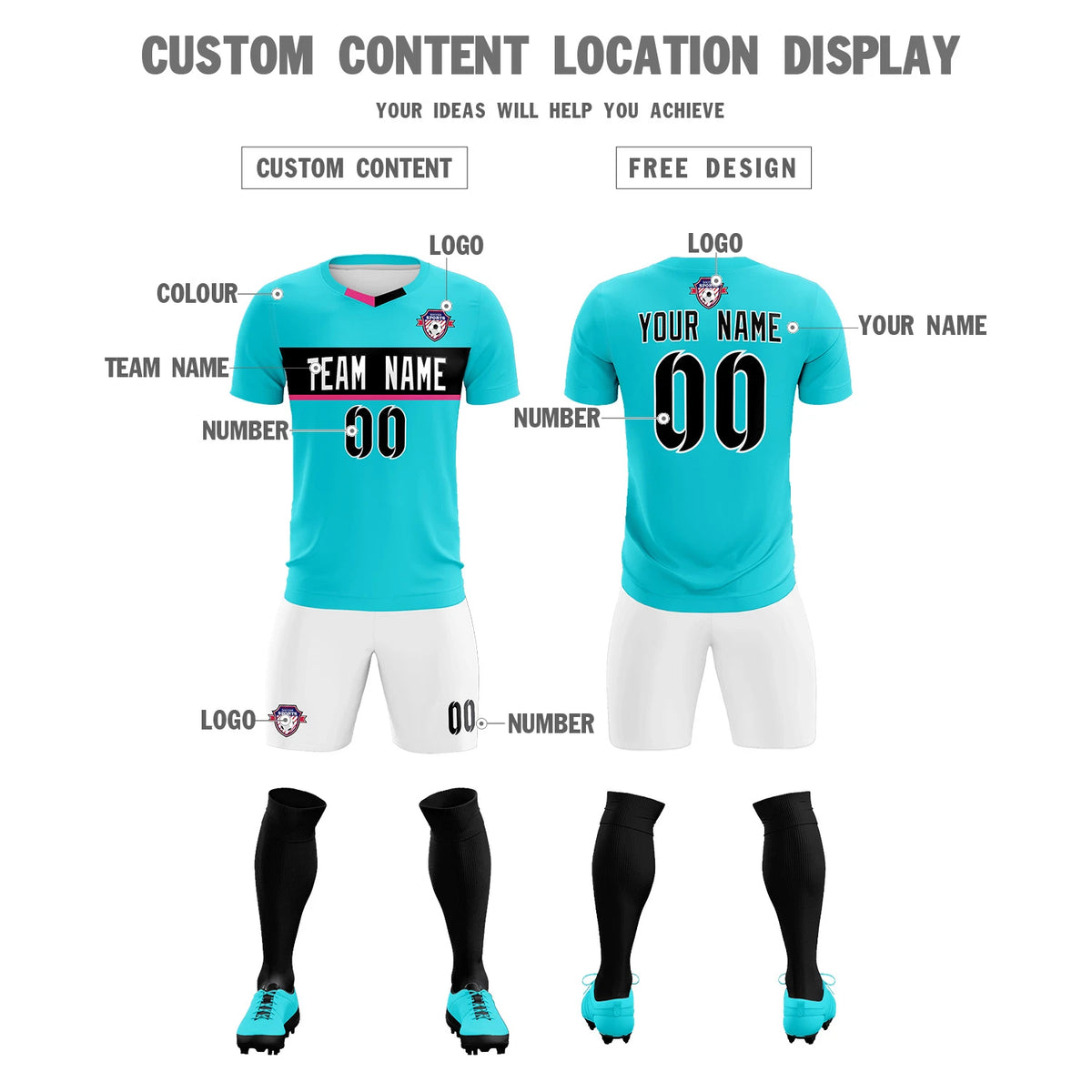 Custom Sky Blue Black Casual Printing Sportswear Soccer Sets Jersey