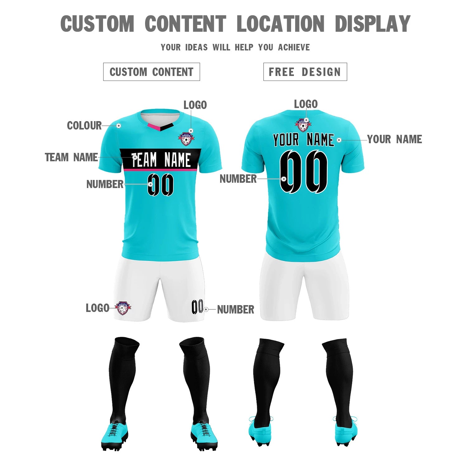 Custom Sky Blue Black Casual Printing Sportswear Soccer Sets Jersey