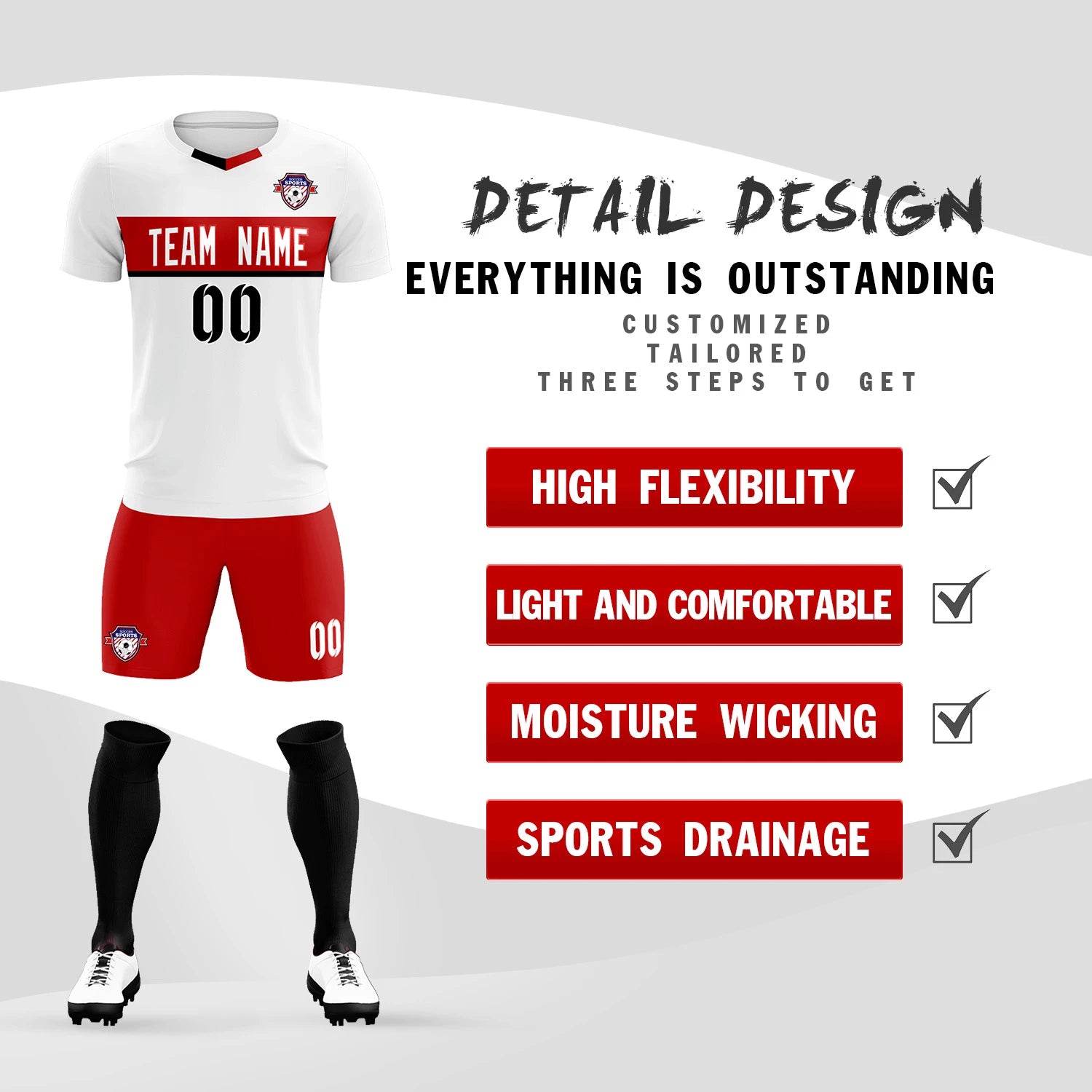 Custom White Red Casual Printing Sportswear Soccer Sets Jersey