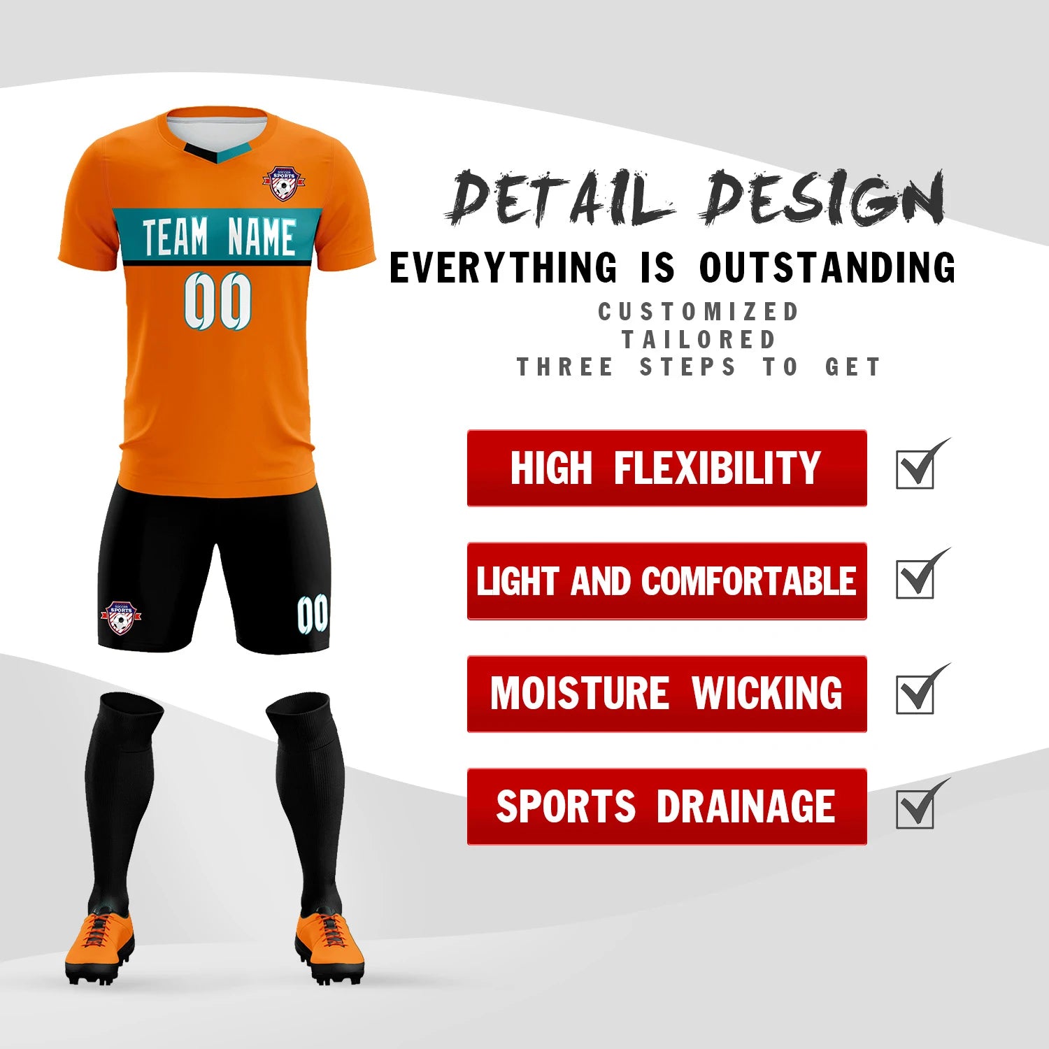 Custom Orange Aqua Casual Printing Sportswear Soccer Sets Jersey