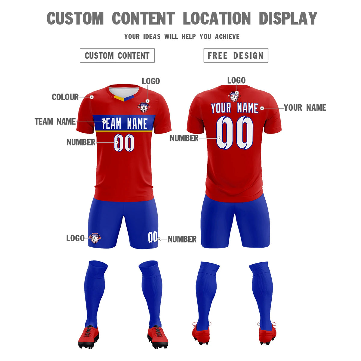Custom Red Royal Blue Casual Printing Sportswear Soccer Sets Jersey
