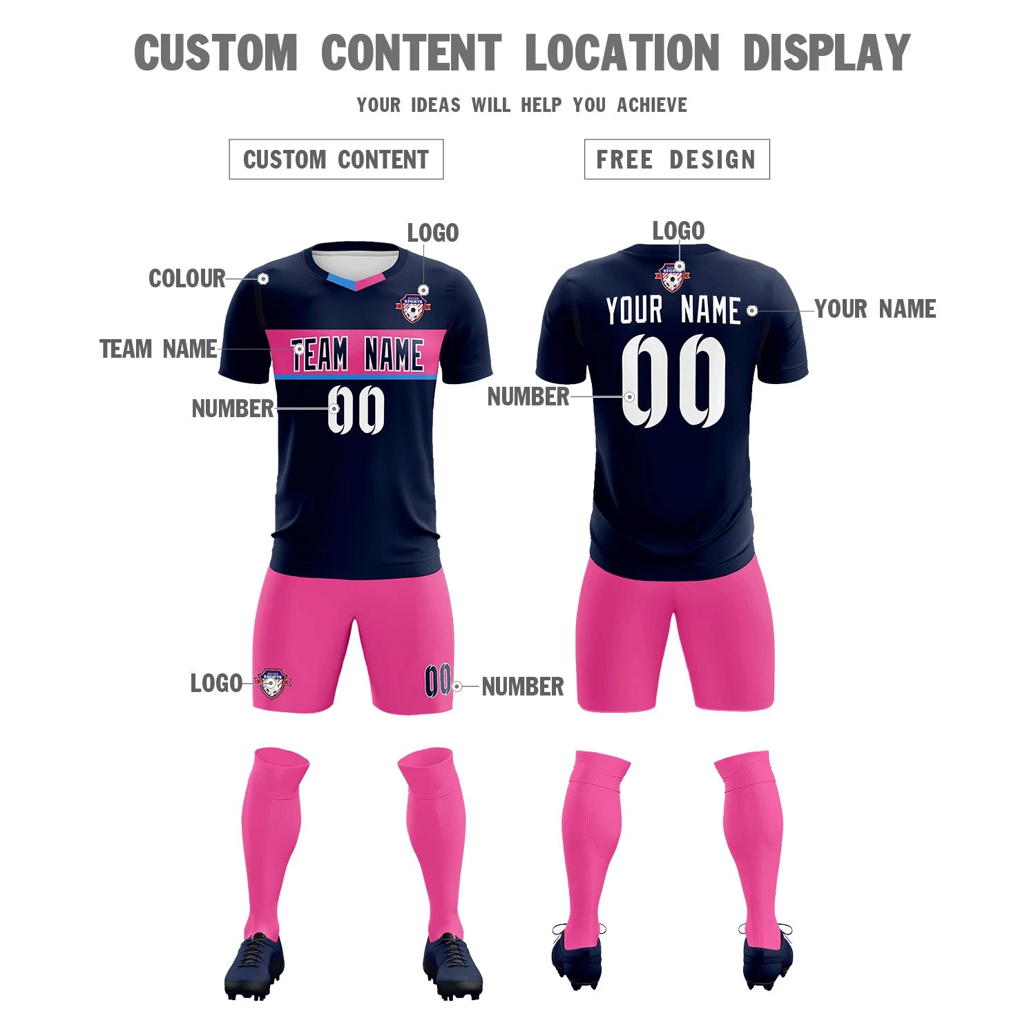 Custom Navy Powder Blue Casual Printing Sportswear Soccer Sets Jersey