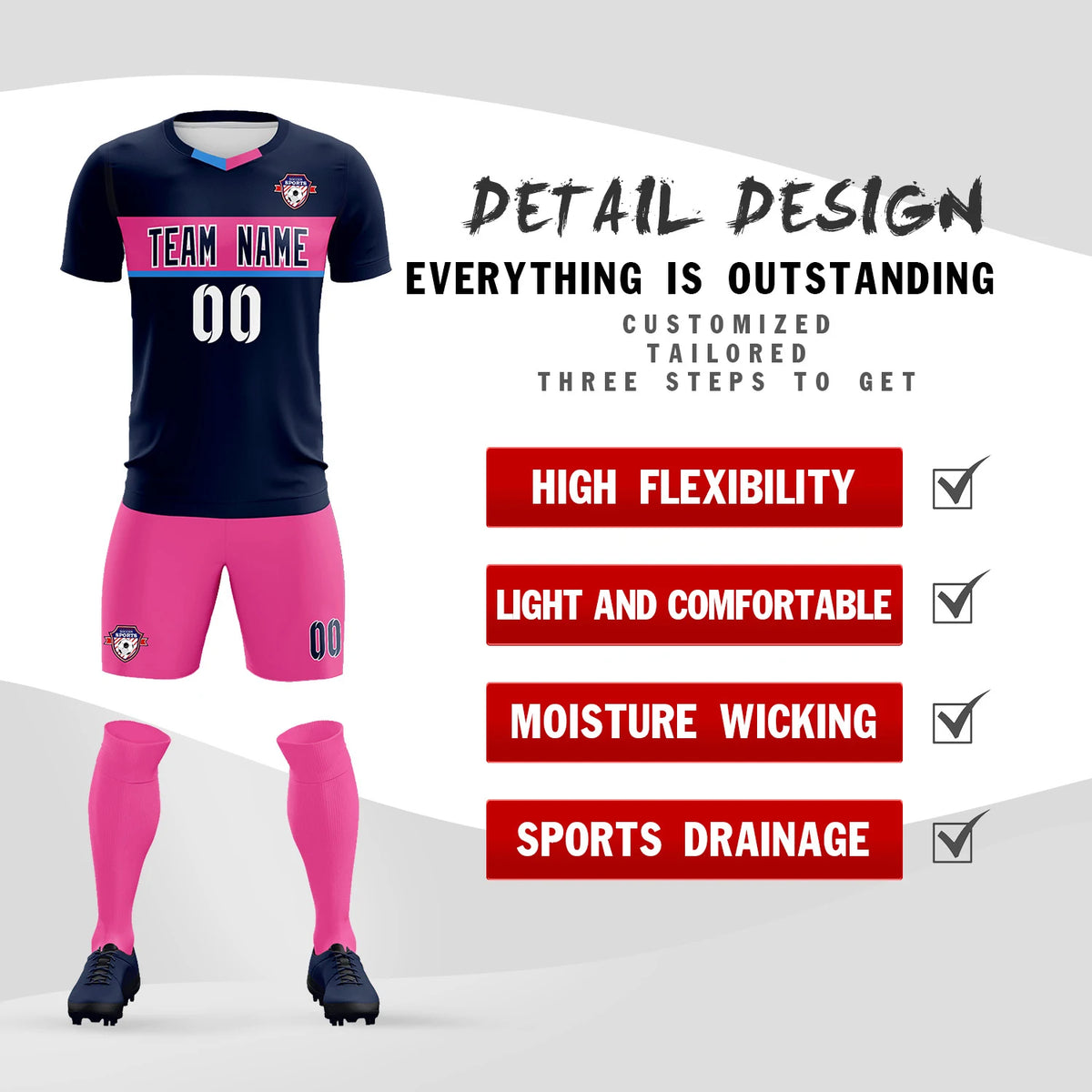 Custom Navy Powder Blue Casual Printing Sportswear Soccer Sets Jersey