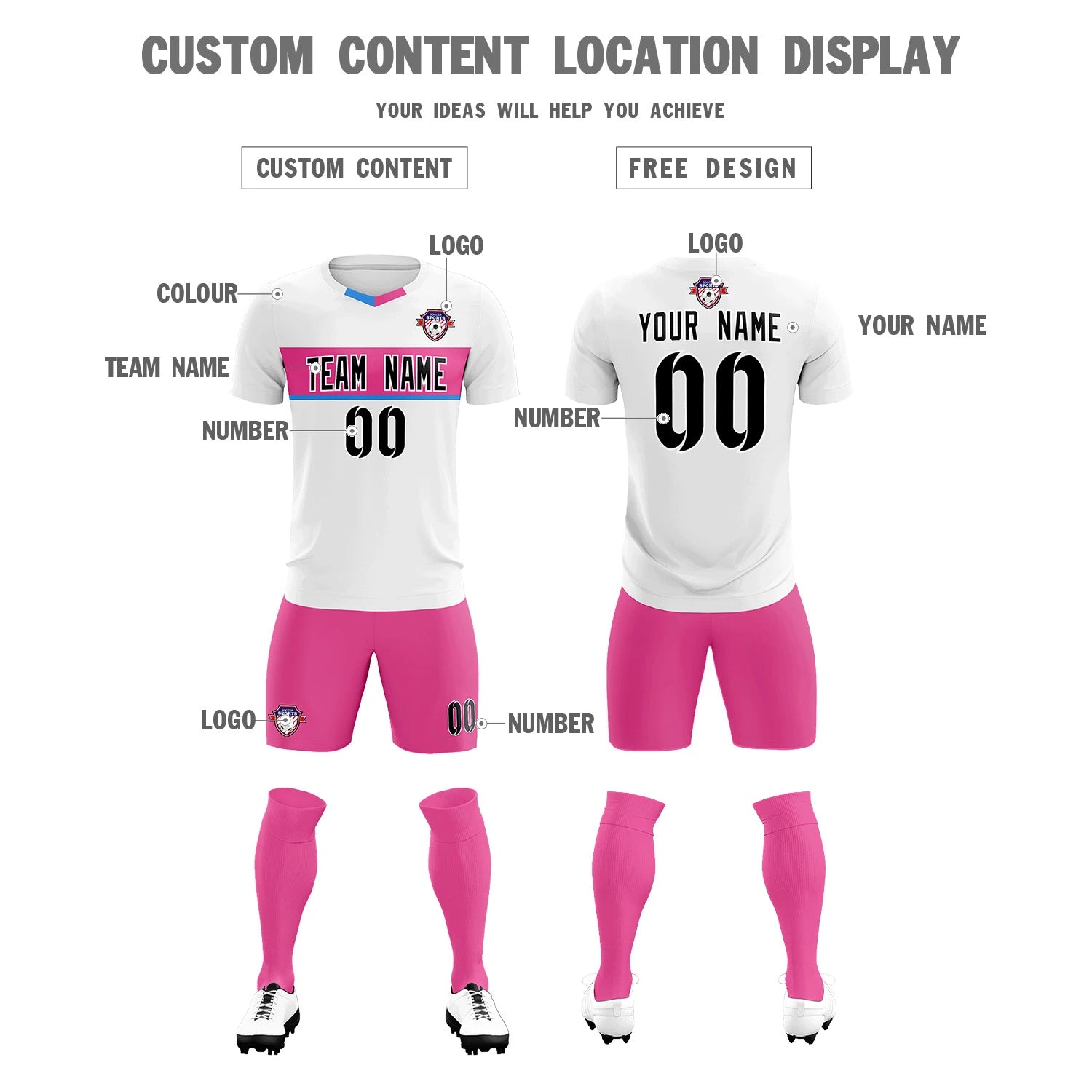 Custom White Pink Casual Printing Sportswear Soccer Sets Jersey