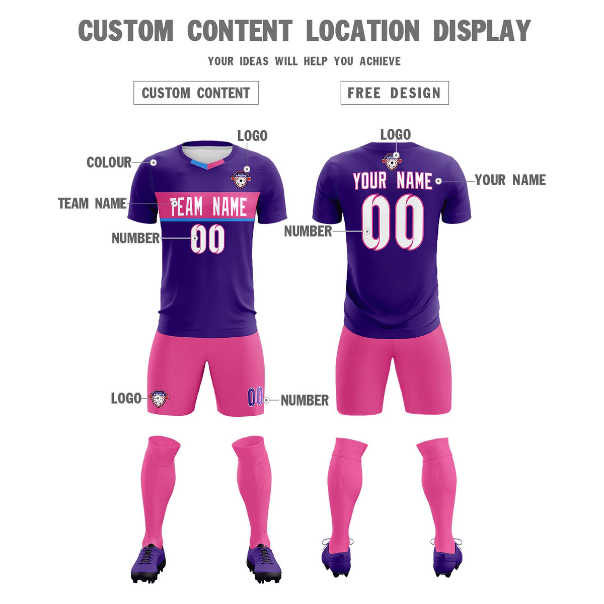 Custom Purple Pink Casual Printing Sportswear Soccer Sets Jersey