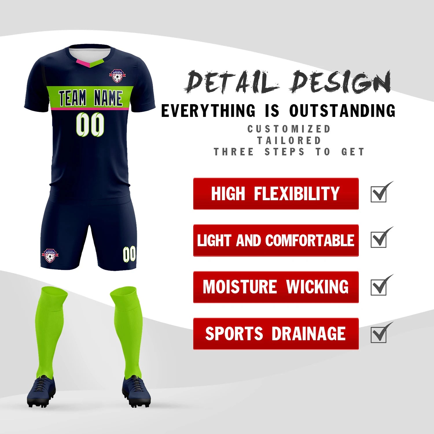 Custom Navy Neon Green Casual Printing Sportswear Soccer Sets Jersey