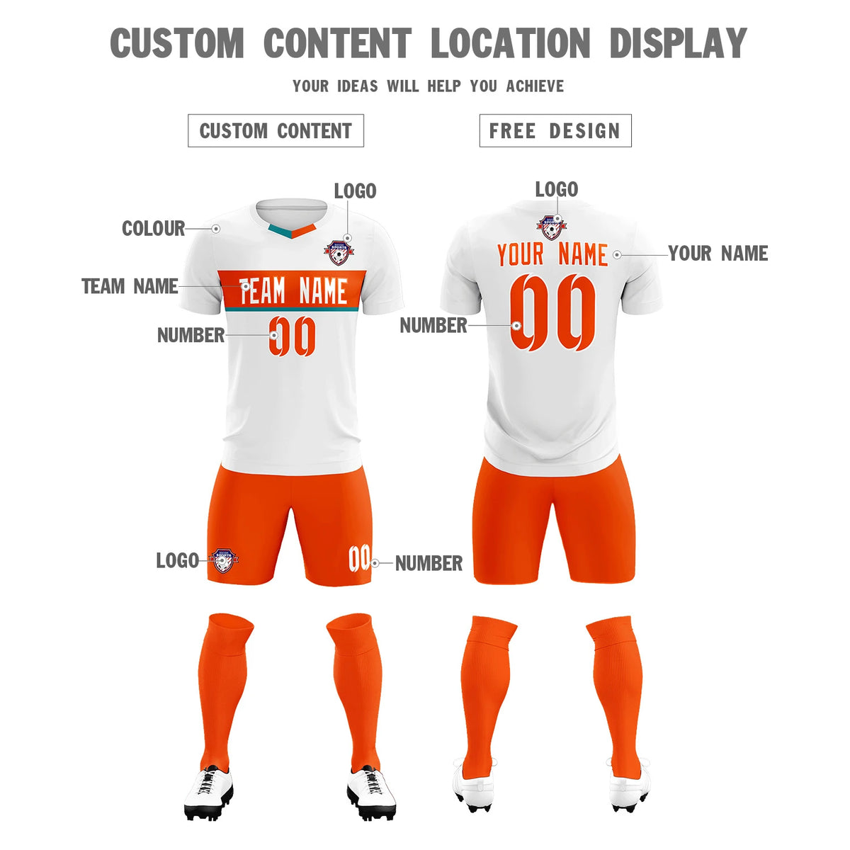 Custom White Orange Casual Printing Sportswear Soccer Sets Jersey