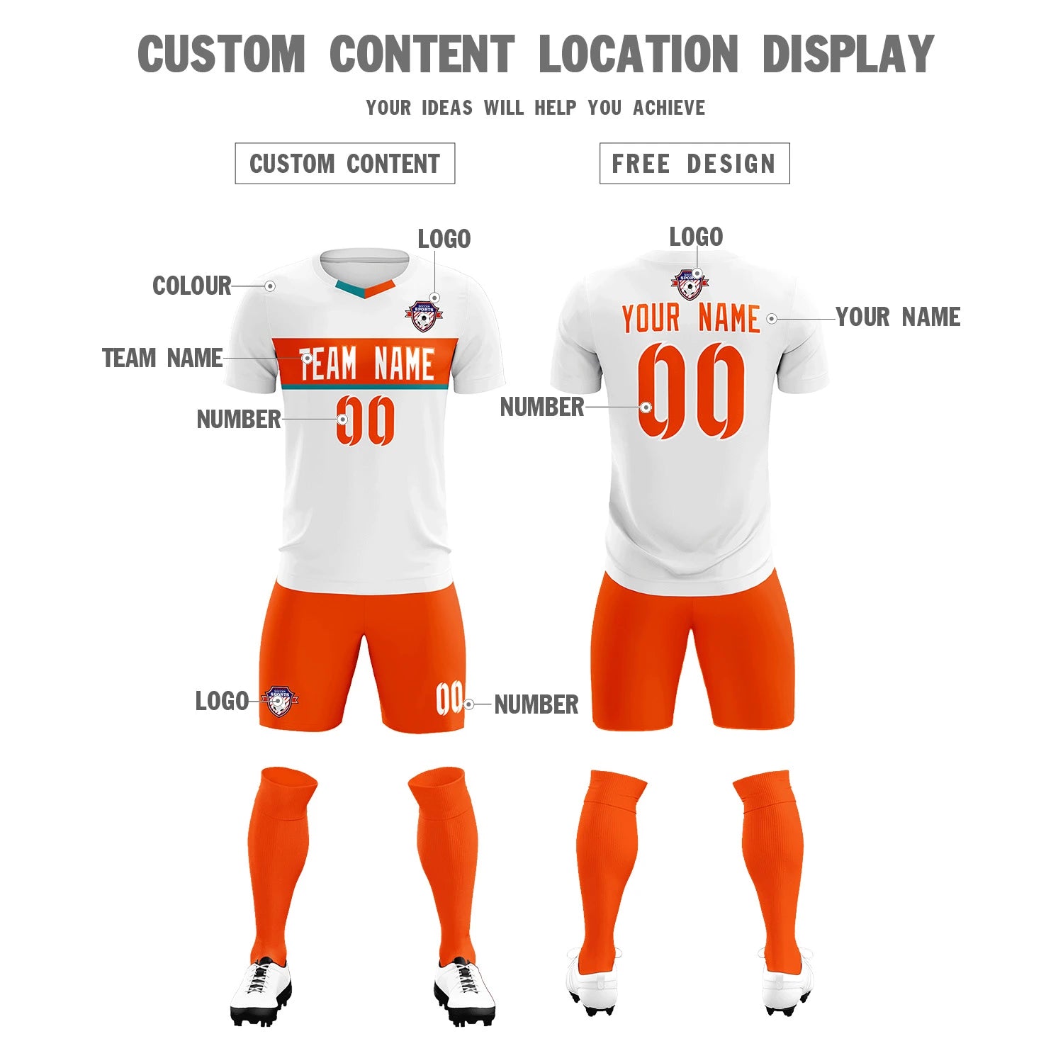 Custom White Orange Casual Printing Sportswear Soccer Sets Jersey