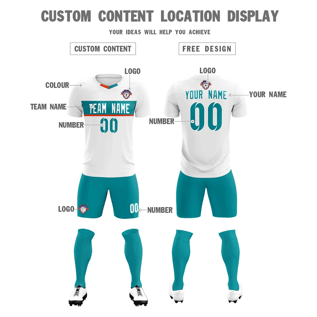 Custom White Aqua Casual Printing Sportswear Soccer Sets Jersey