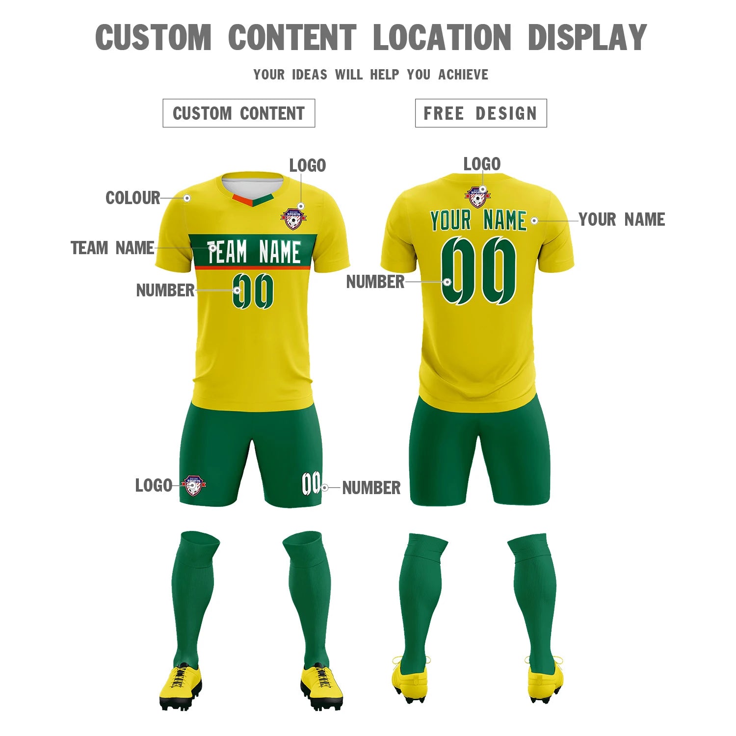 Custom Gold01 Kelly Green Casual Printing Sportswear Soccer Sets Jersey