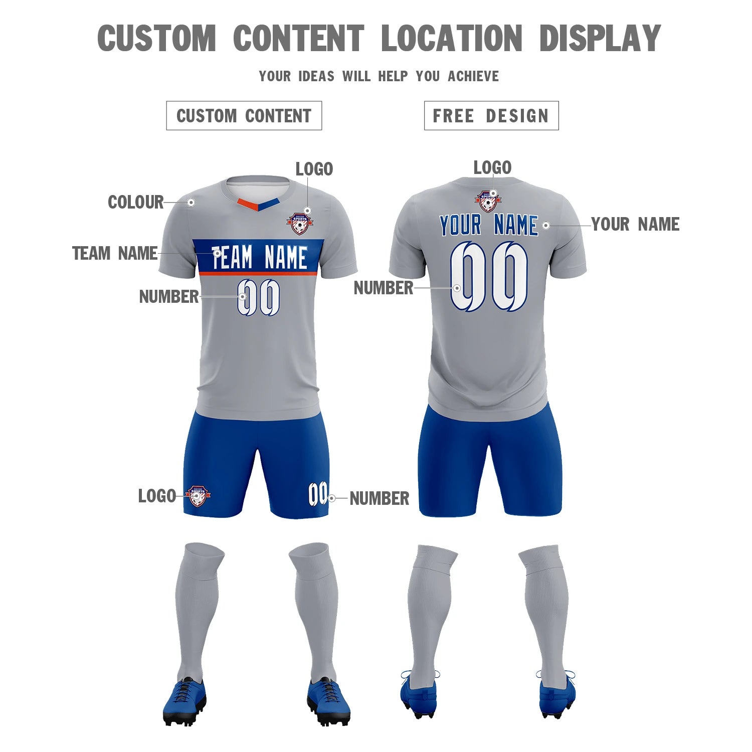 Custom Gray Royal Blue Casual Printing Sportswear Soccer Sets Jersey