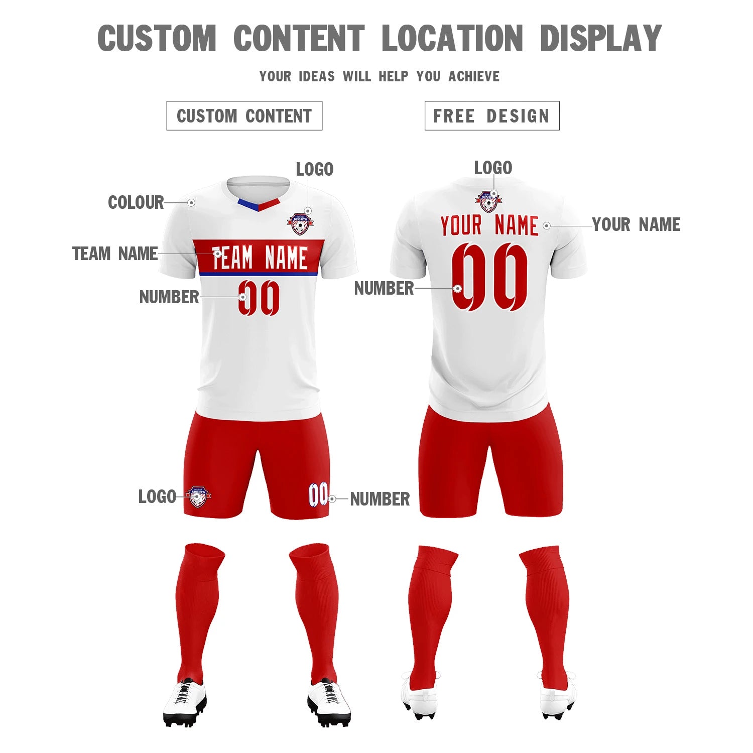 Custom White Red Casual Printing Sportswear Soccer Sets Jersey