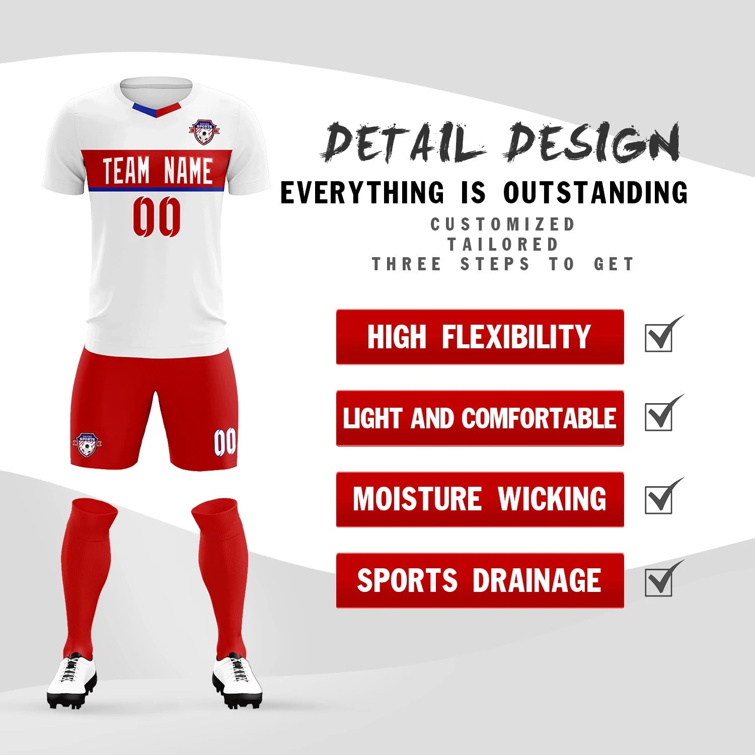 Custom White Red Casual Printing Sportswear Soccer Sets Jersey