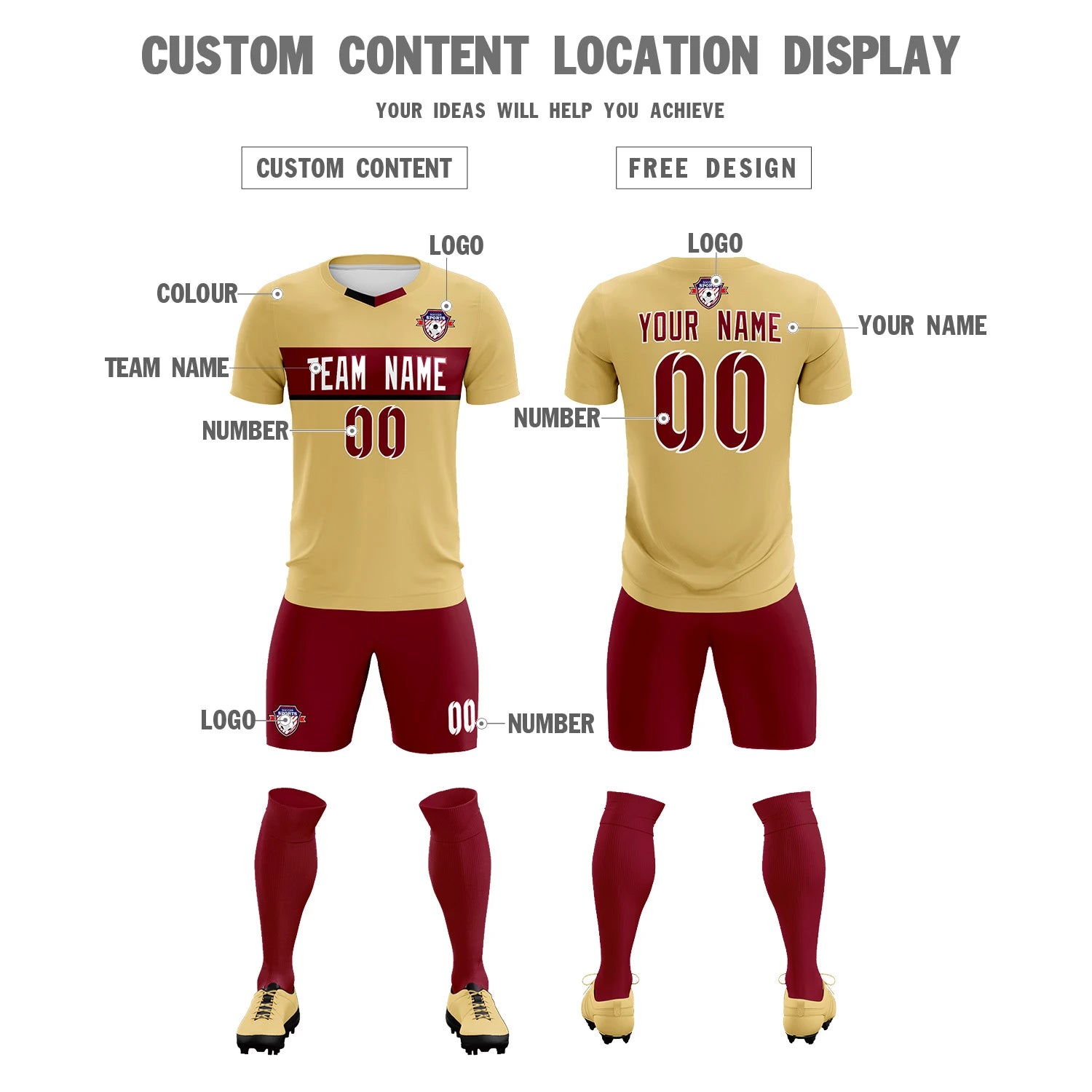 Custom Khaki Crimson Casual Printing Sportswear Soccer Sets Jersey