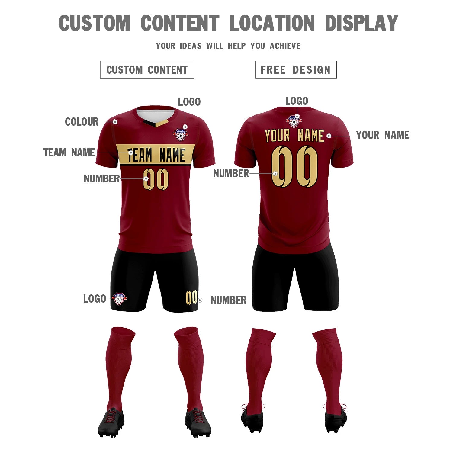 Custom Crimson Khaki Casual Printing Sportswear Soccer Sets Jersey