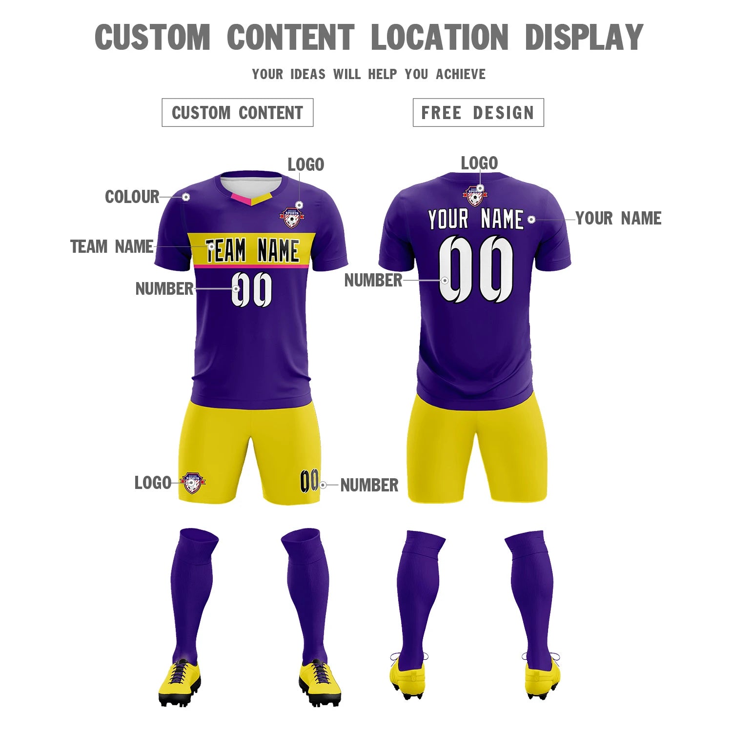 Custom Purple Gold01 Casual Printing Sportswear Soccer Sets Jersey