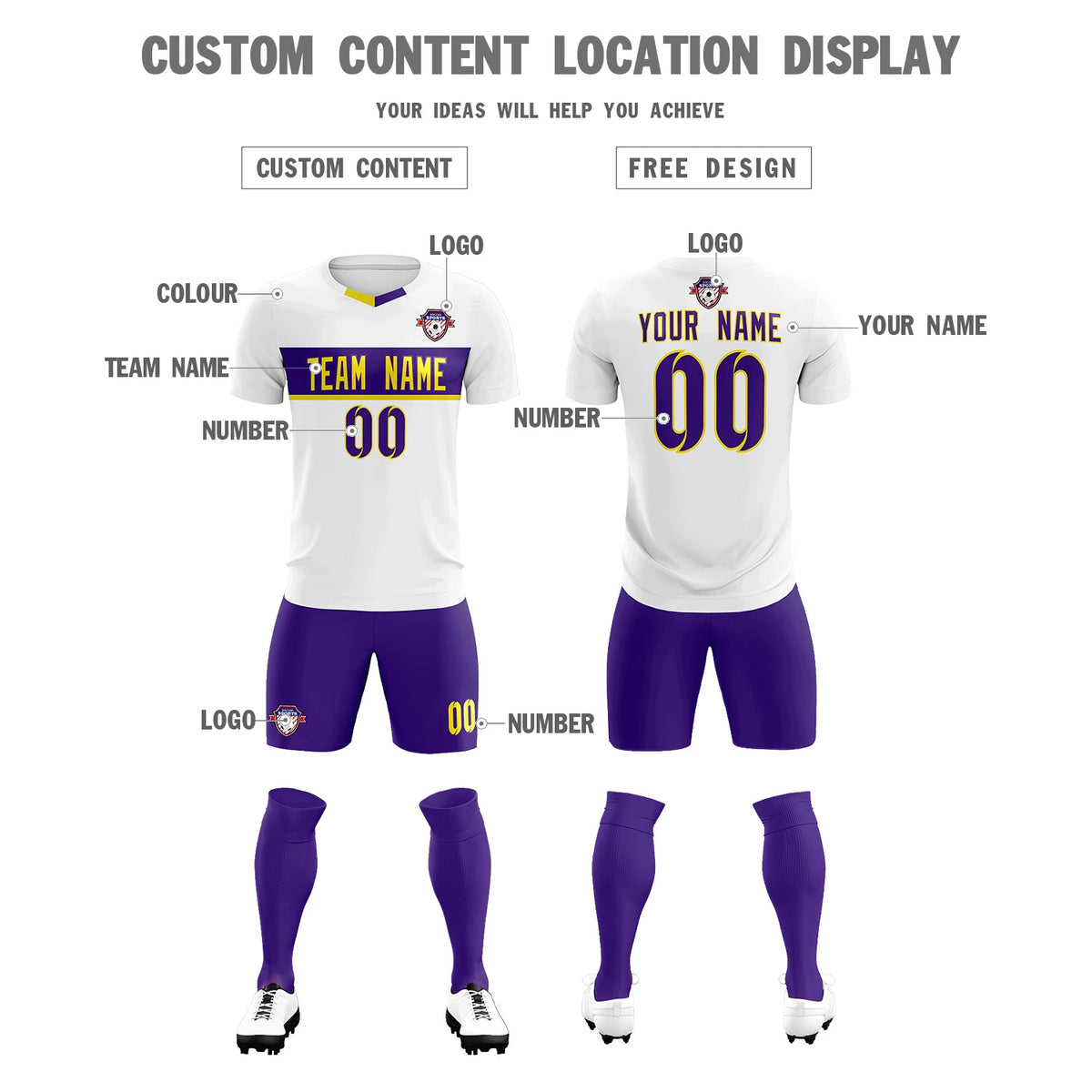 Custom White Purple Casual Printing Sportswear Soccer Sets Jersey