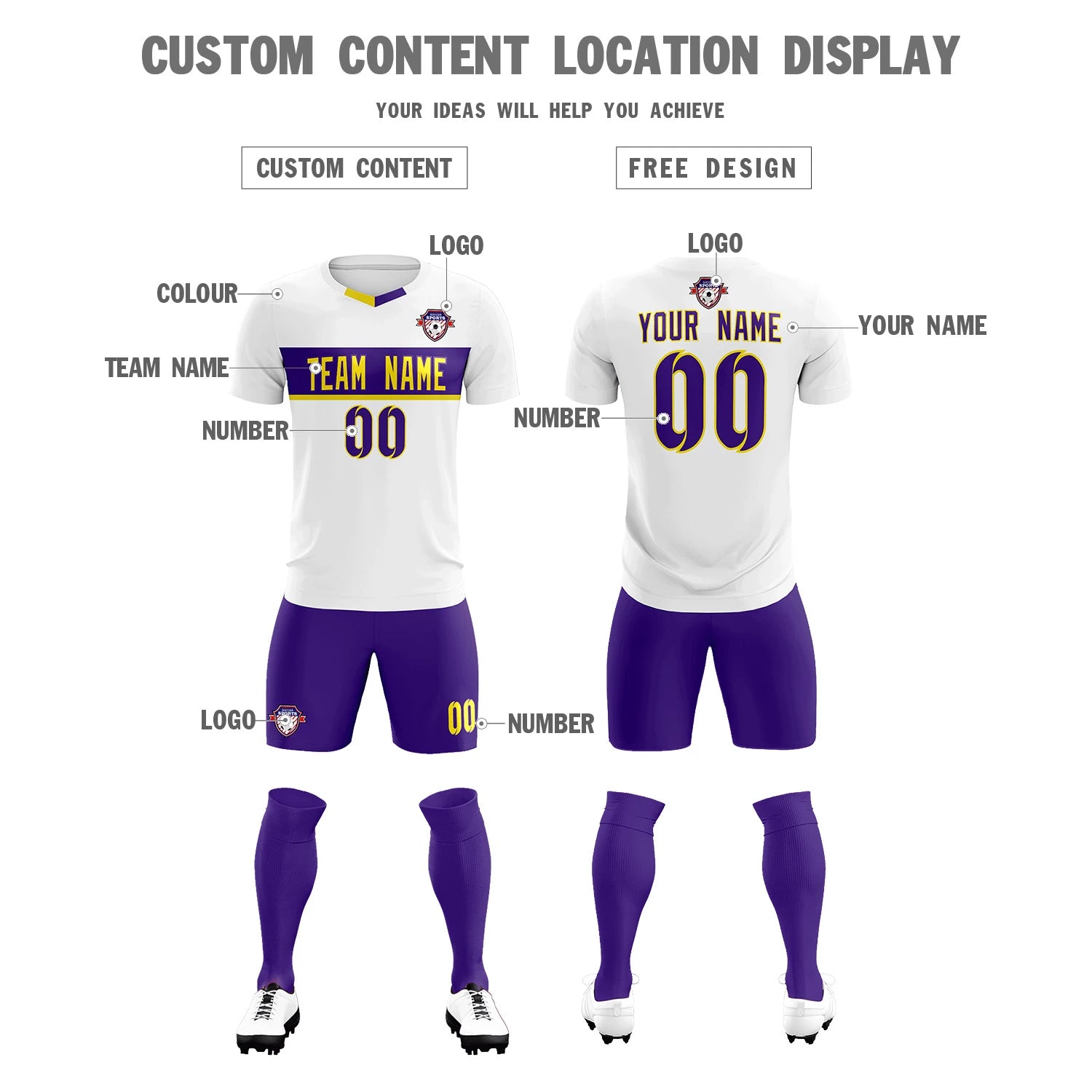 Custom White Purple Casual Printing Sportswear Soccer Sets Jersey
