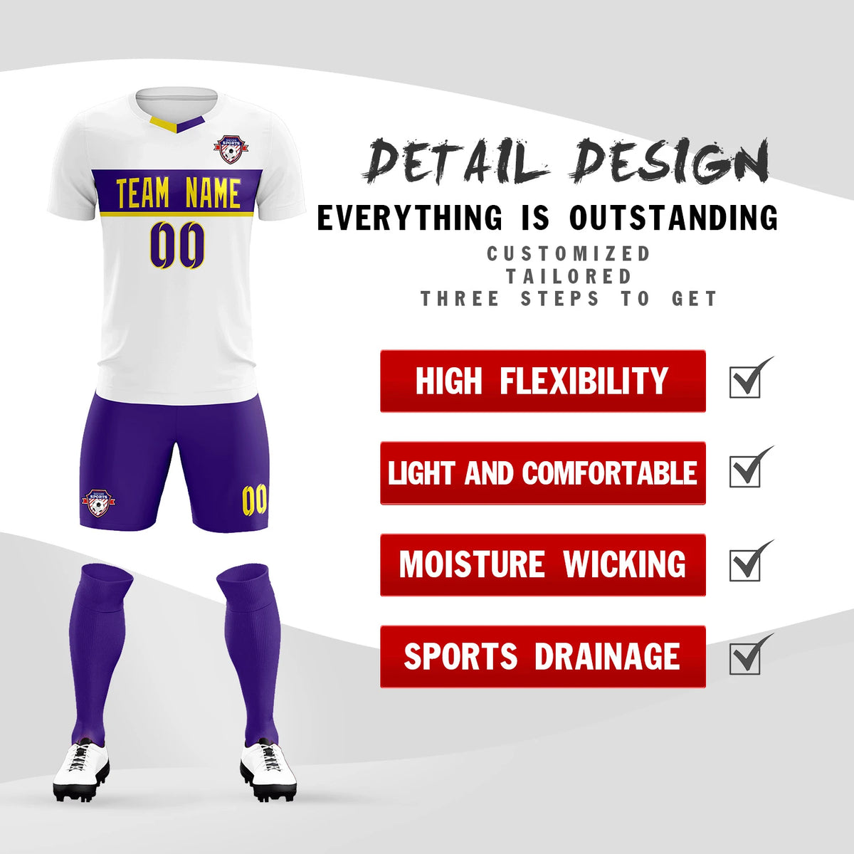 Custom White Purple Casual Printing Sportswear Soccer Sets Jersey
