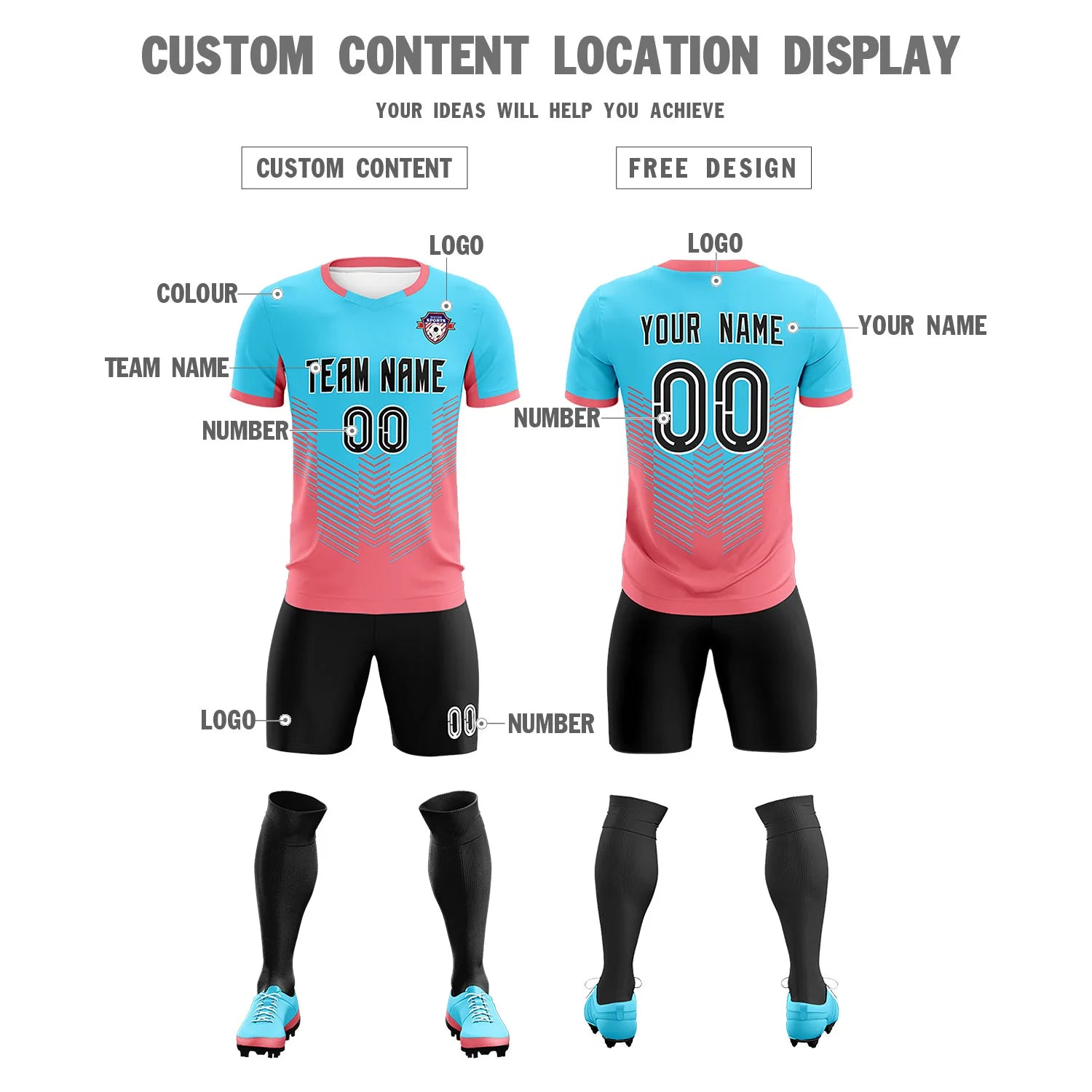 Custom Aqua Light Red Sport Soccer Sets Jersey