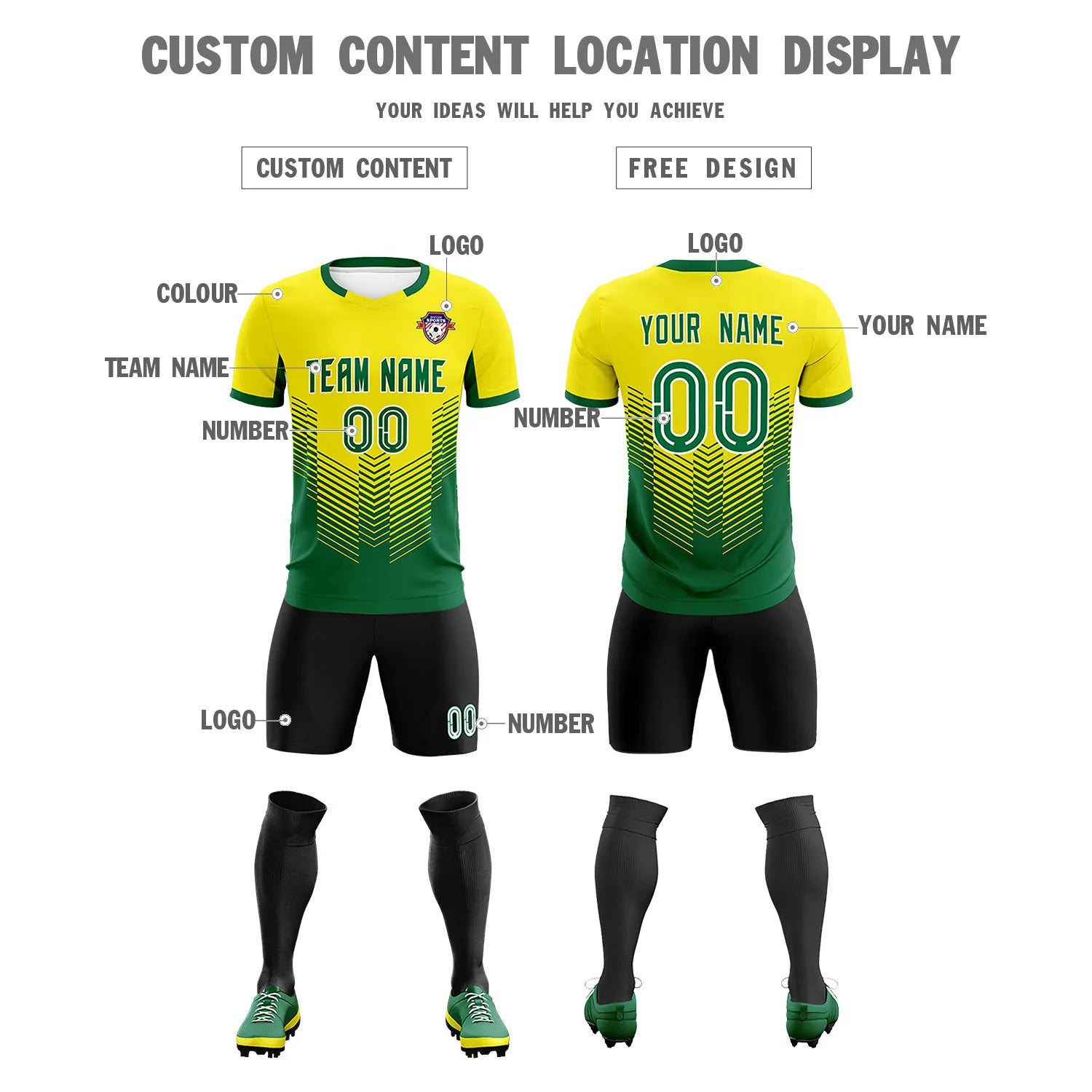 Custom Gold01 Kelly Green Sport Soccer Sets Jersey