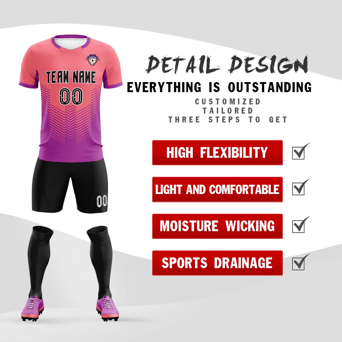 Custom Light Red Light Purple Sport Soccer Sets Jersey