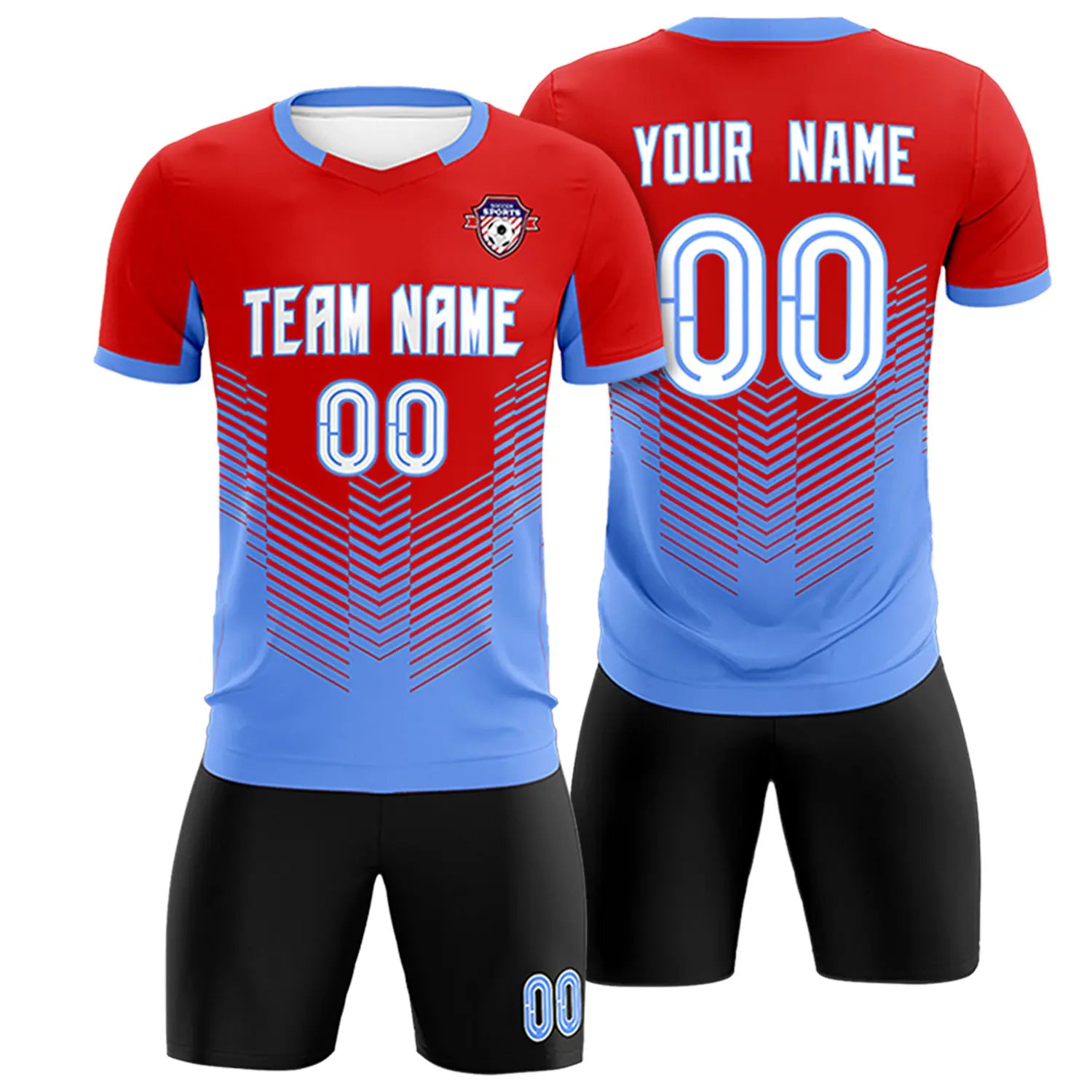 Custom Red Powder Blue Sport Soccer Sets Jersey
