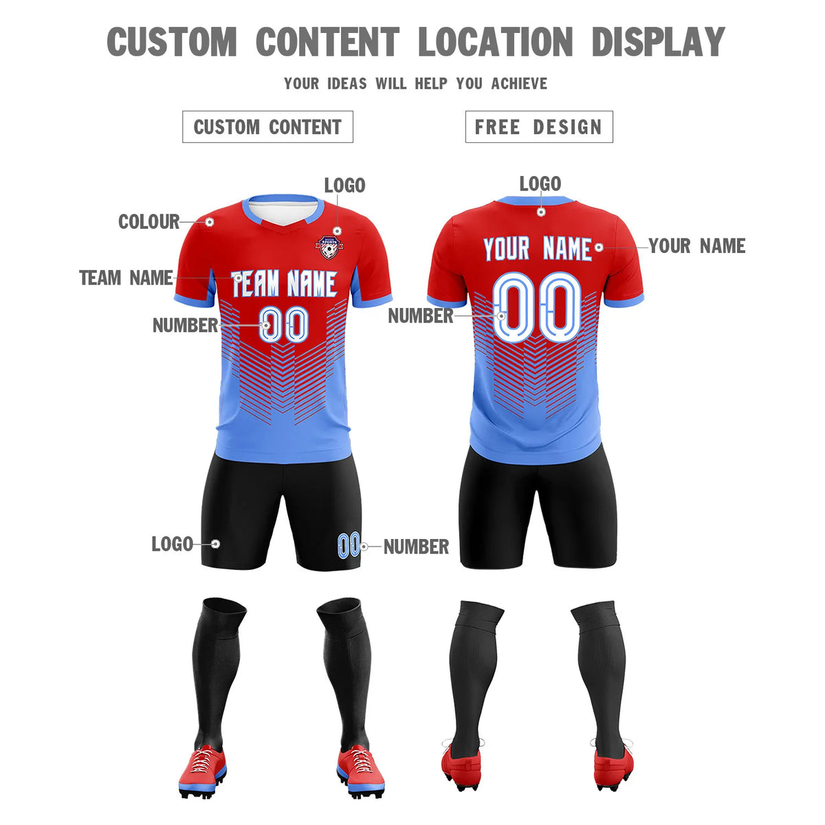 Custom Red Powder Blue Sport Soccer Sets Jersey