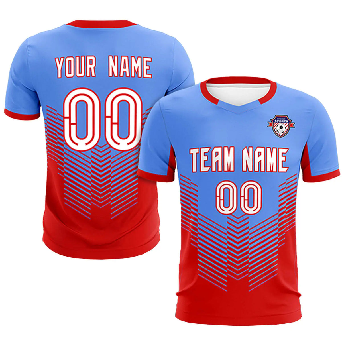 Custom Powder Blue Red Sport Soccer Sets Jersey