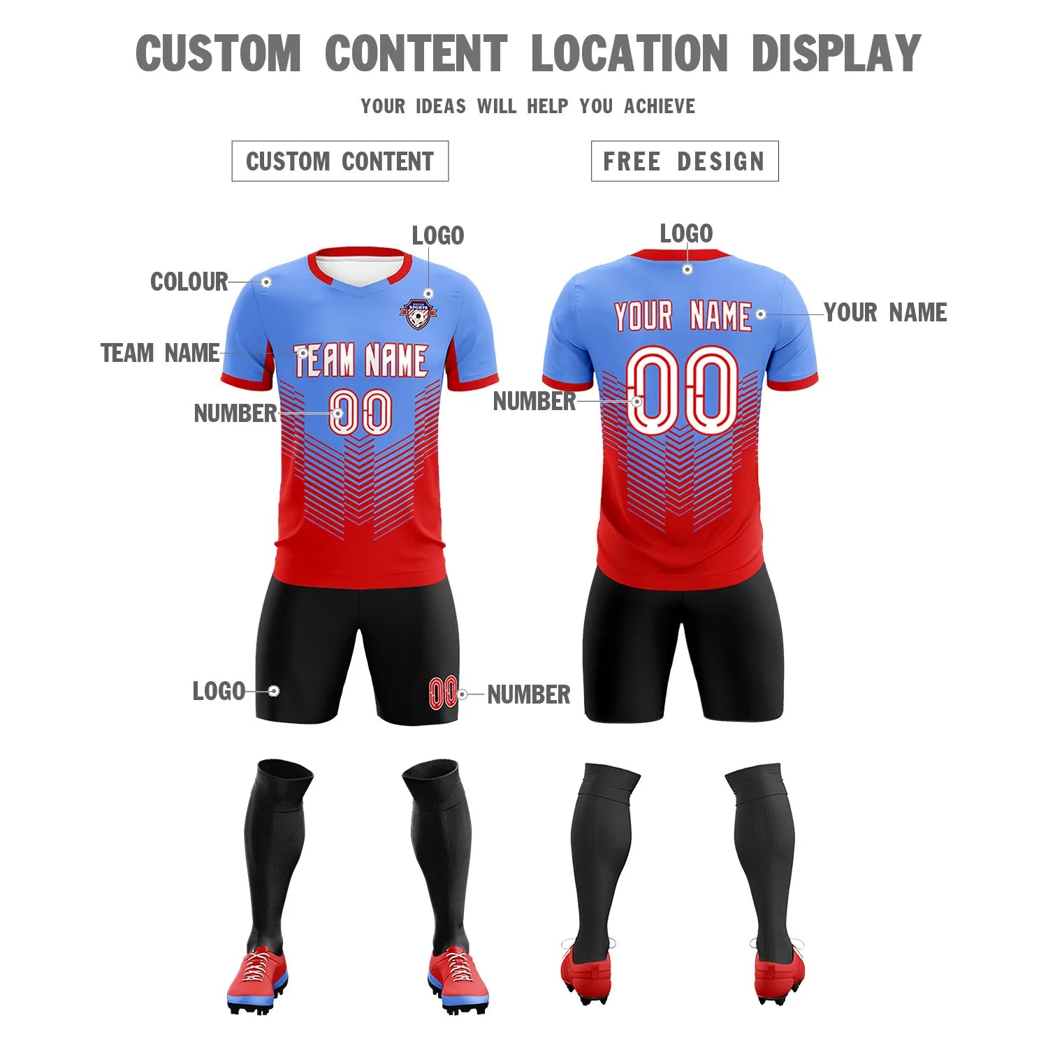 Custom Powder Blue Red Sport Soccer Sets Jersey