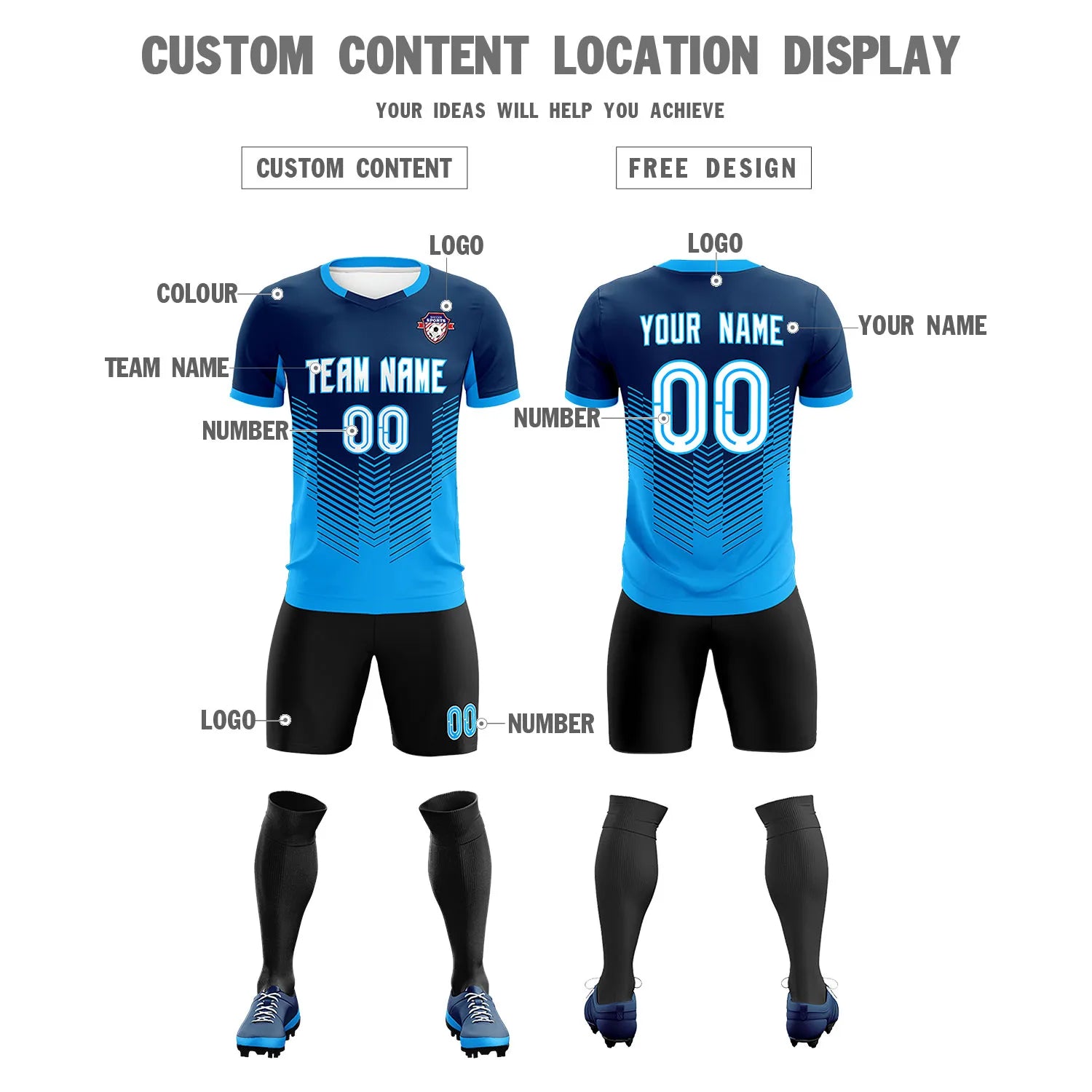 Custom Navy Powder Blue Sport Soccer Sets Jersey