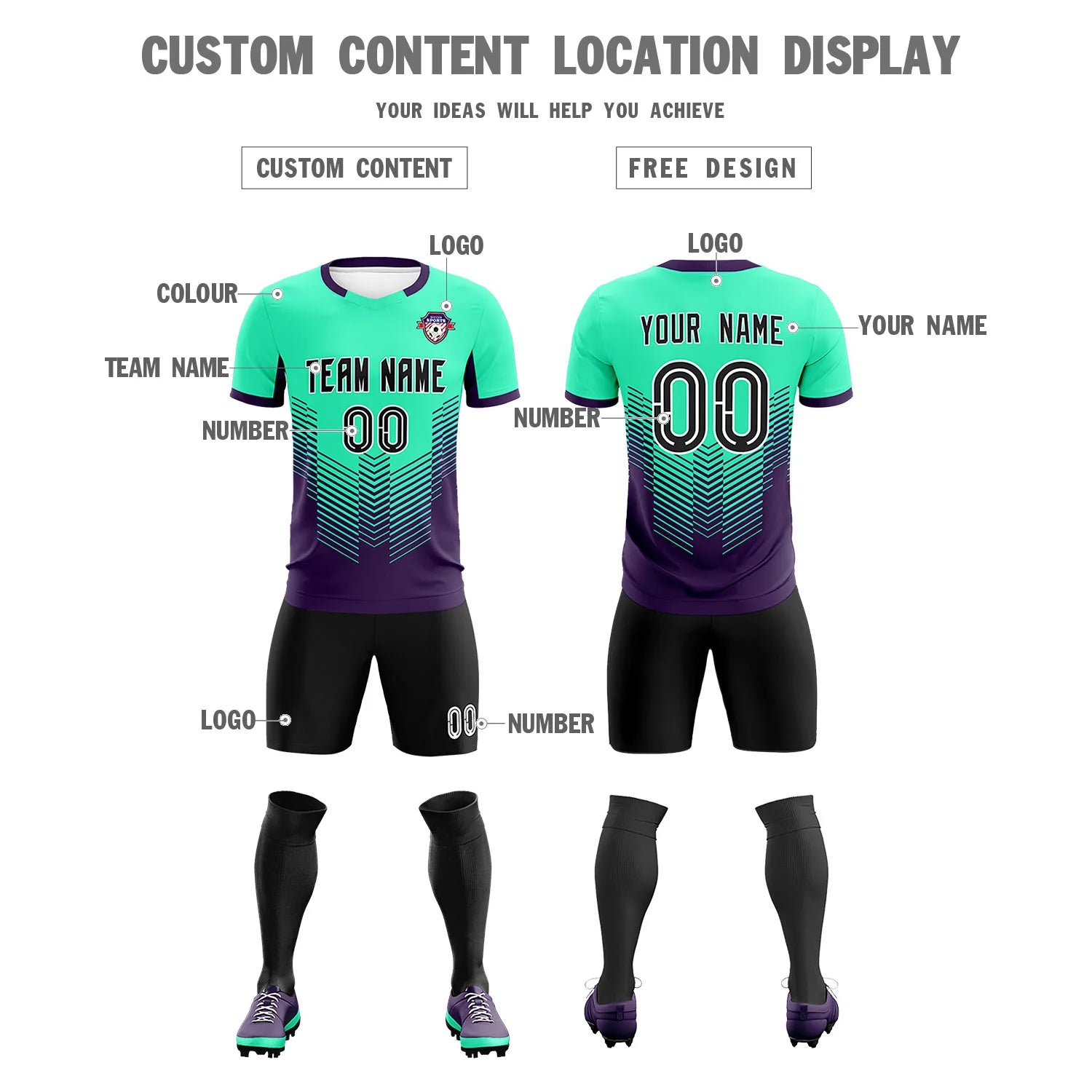 Custom Bright Green Dark Purple Sport Soccer Sets Jersey