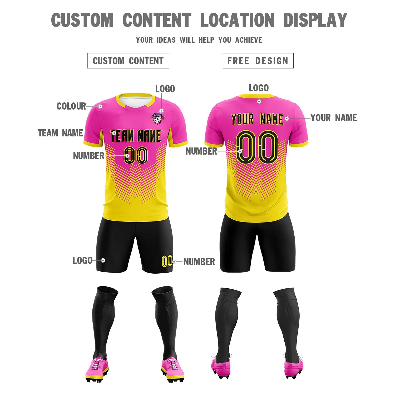 Custom Pink Yellow Sport Soccer Sets Jersey
