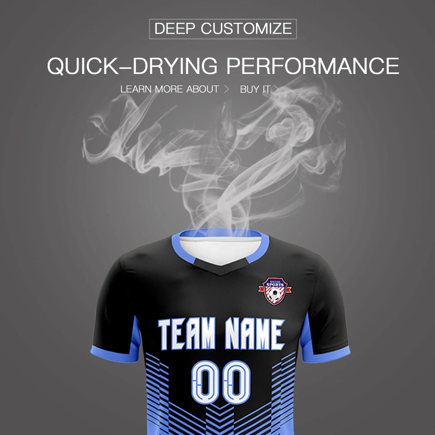 Custom Black Powder Blue Sport Soccer Sets Jersey