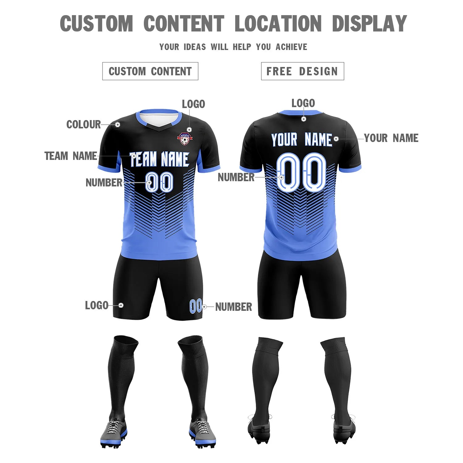 Custom Black Powder Blue Sport Soccer Sets Jersey