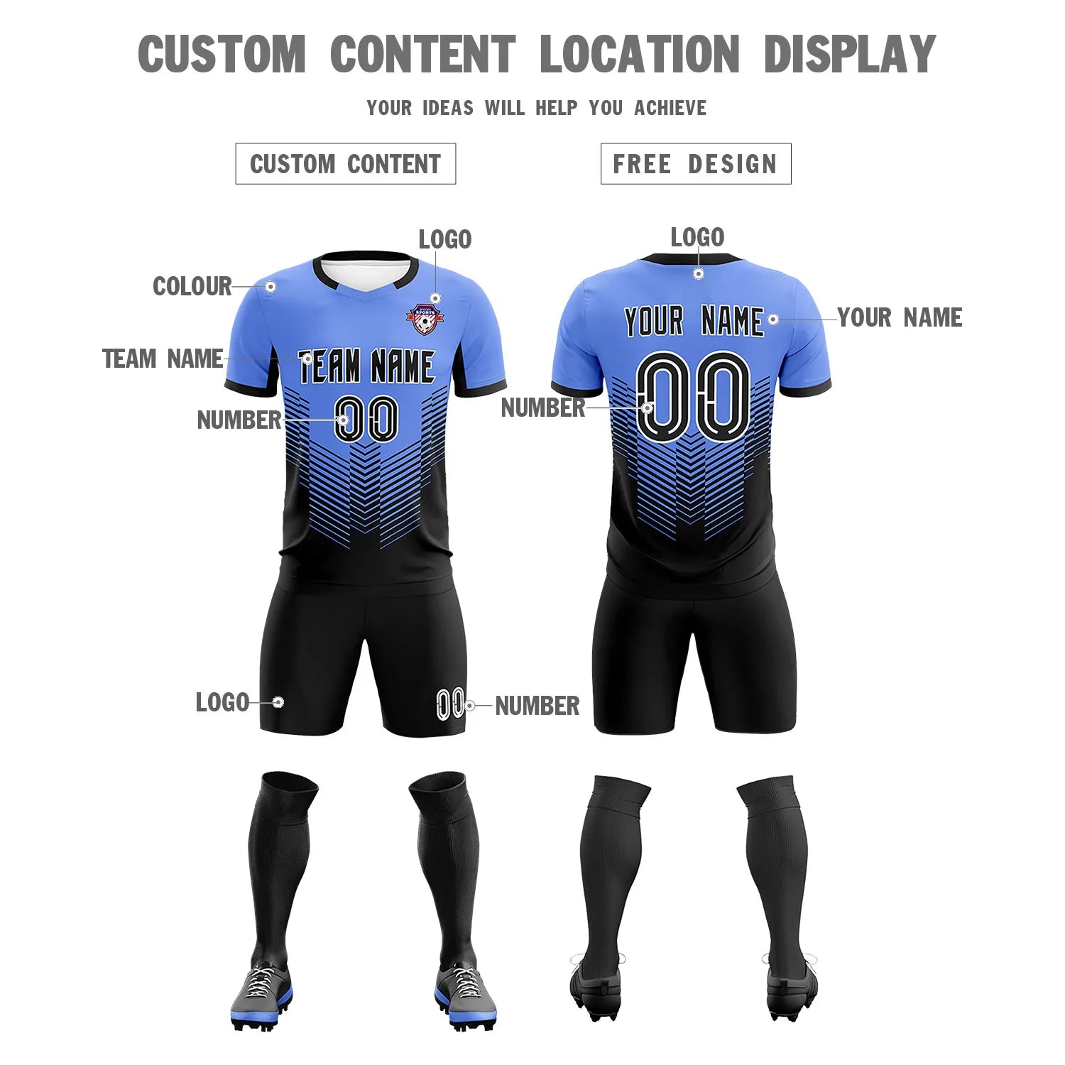 Custom Powder Blue Black Sport Soccer Sets Jersey