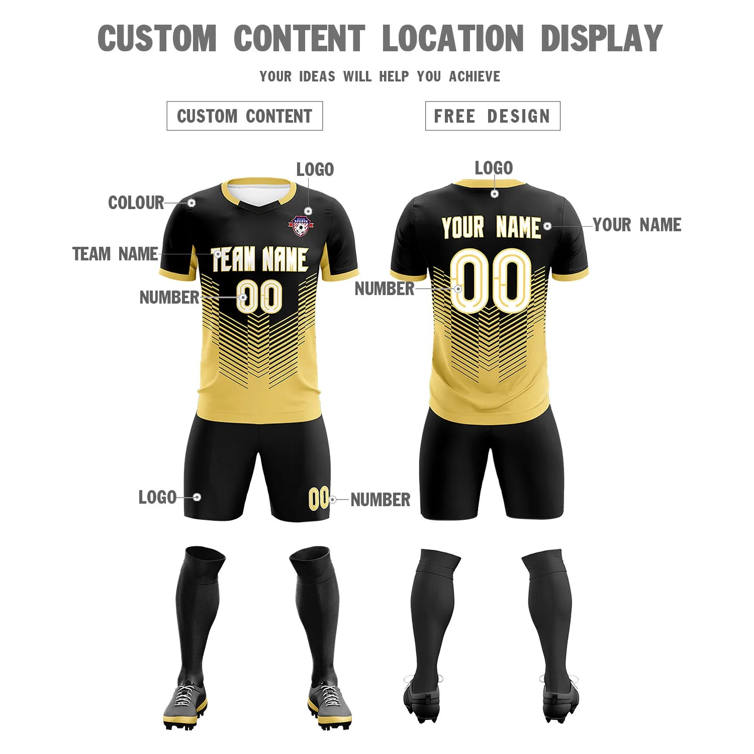 Custom Black Old Gold Sport Soccer Sets Jersey