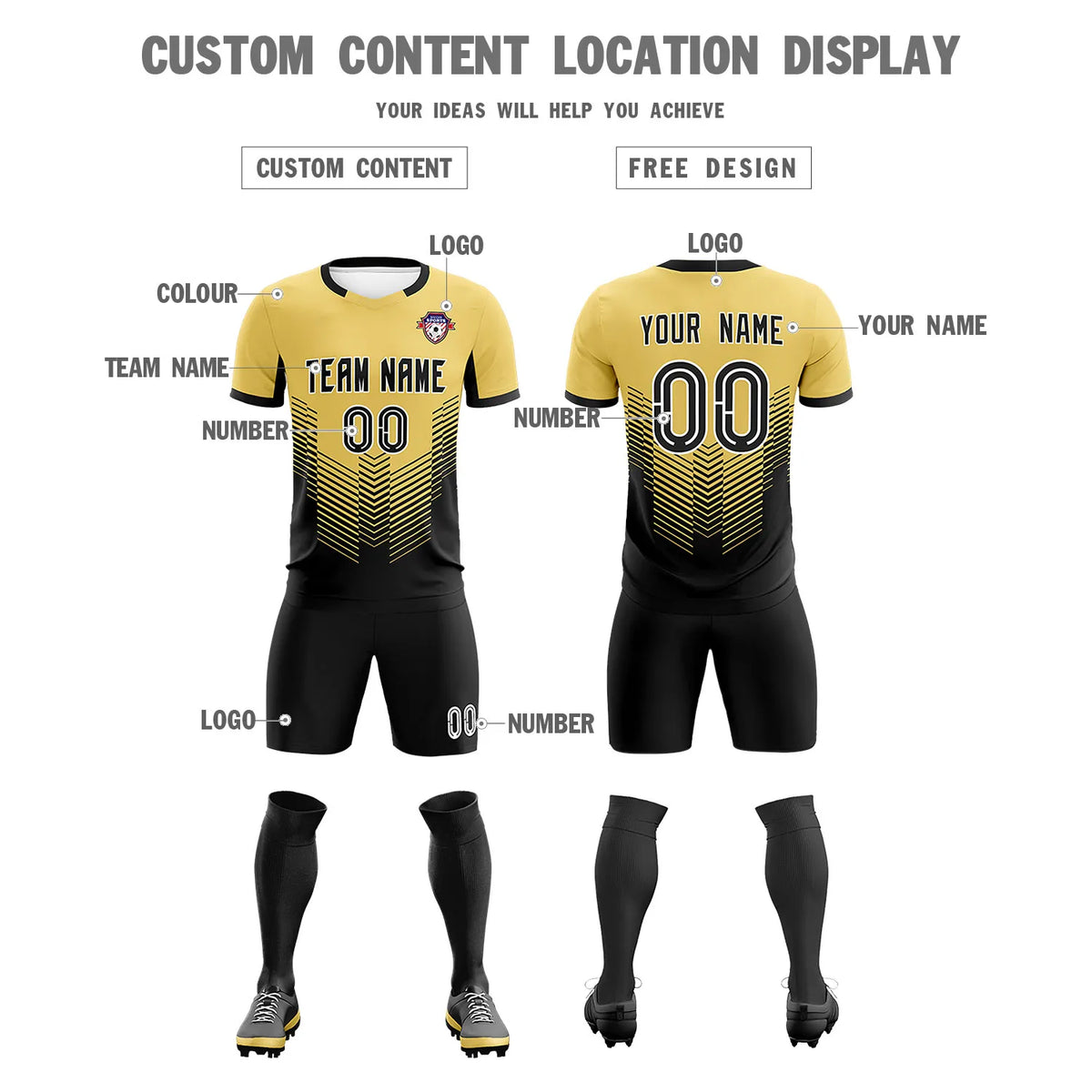 Custom Old Gold Black Sport Soccer Sets Jersey