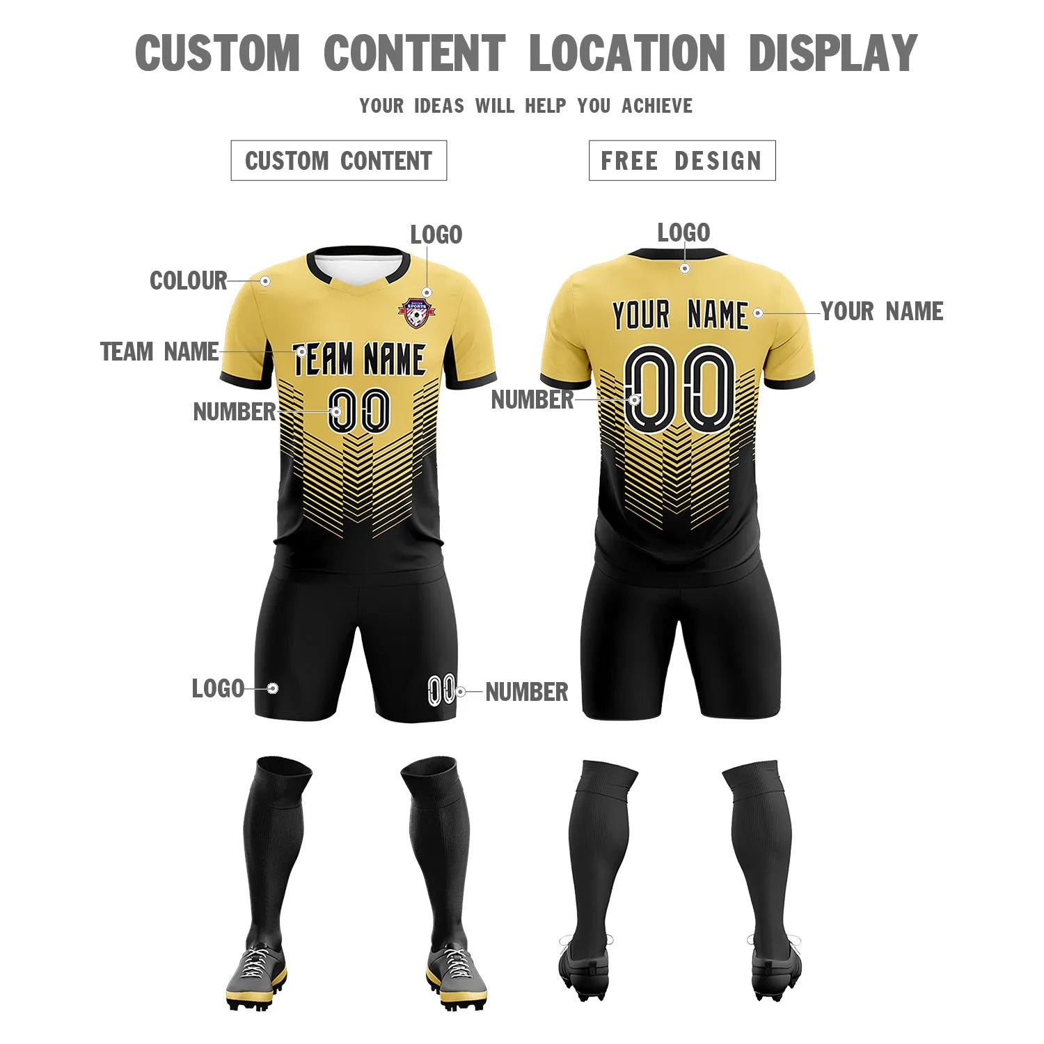 Custom Old Gold Black Sport Soccer Sets Jersey