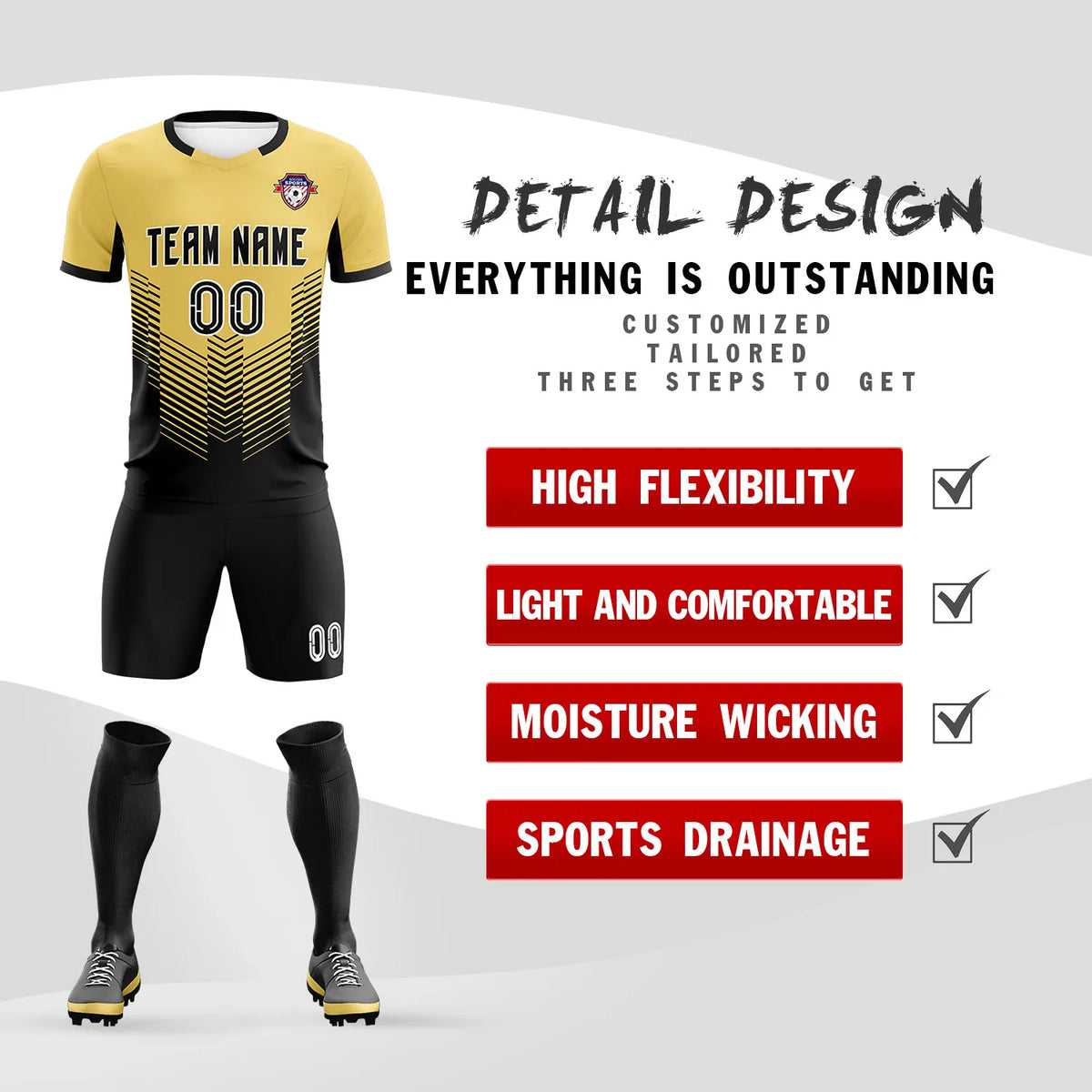 Custom Old Gold Black Sport Soccer Sets Jersey