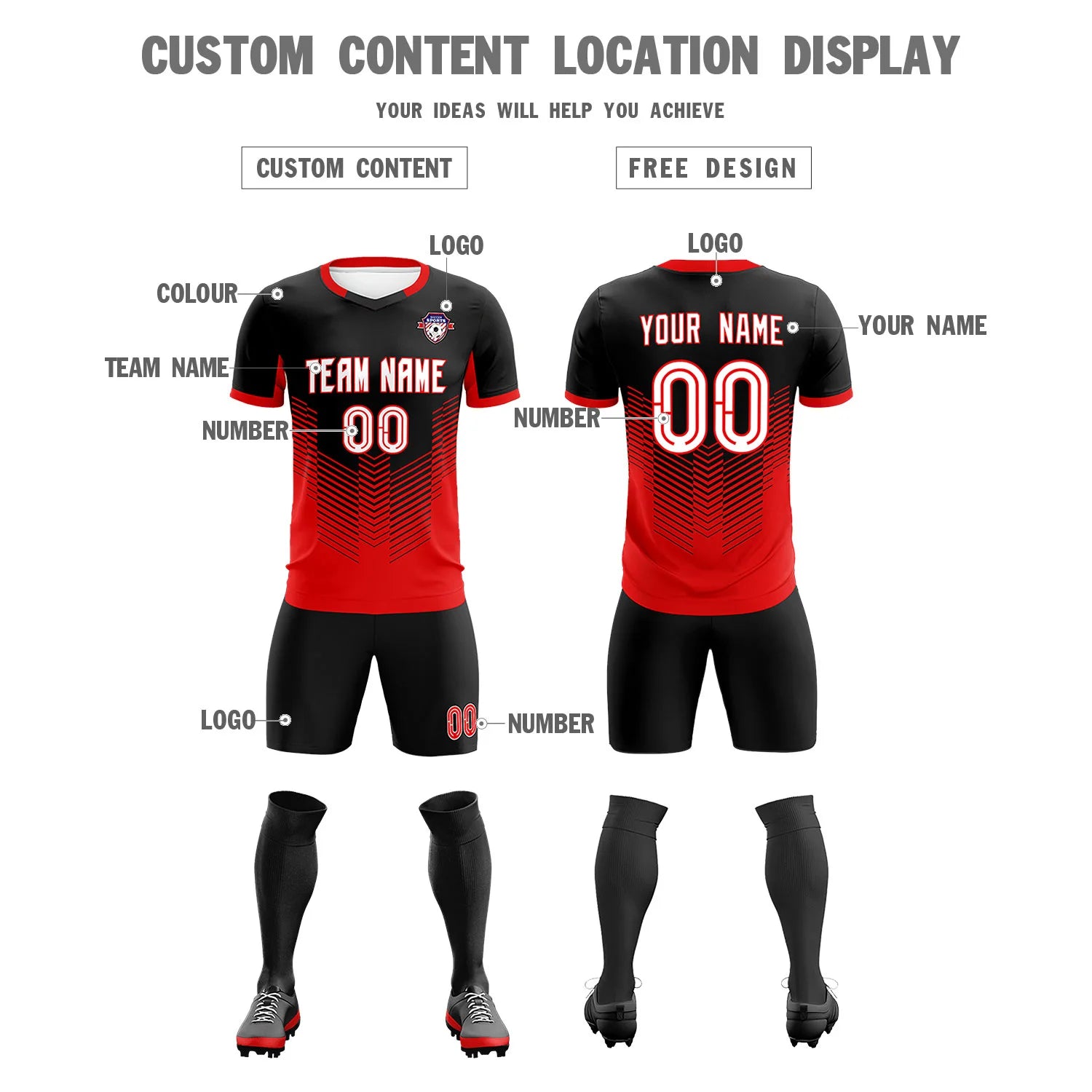 Custom Black Red Sport Soccer Sets Jersey