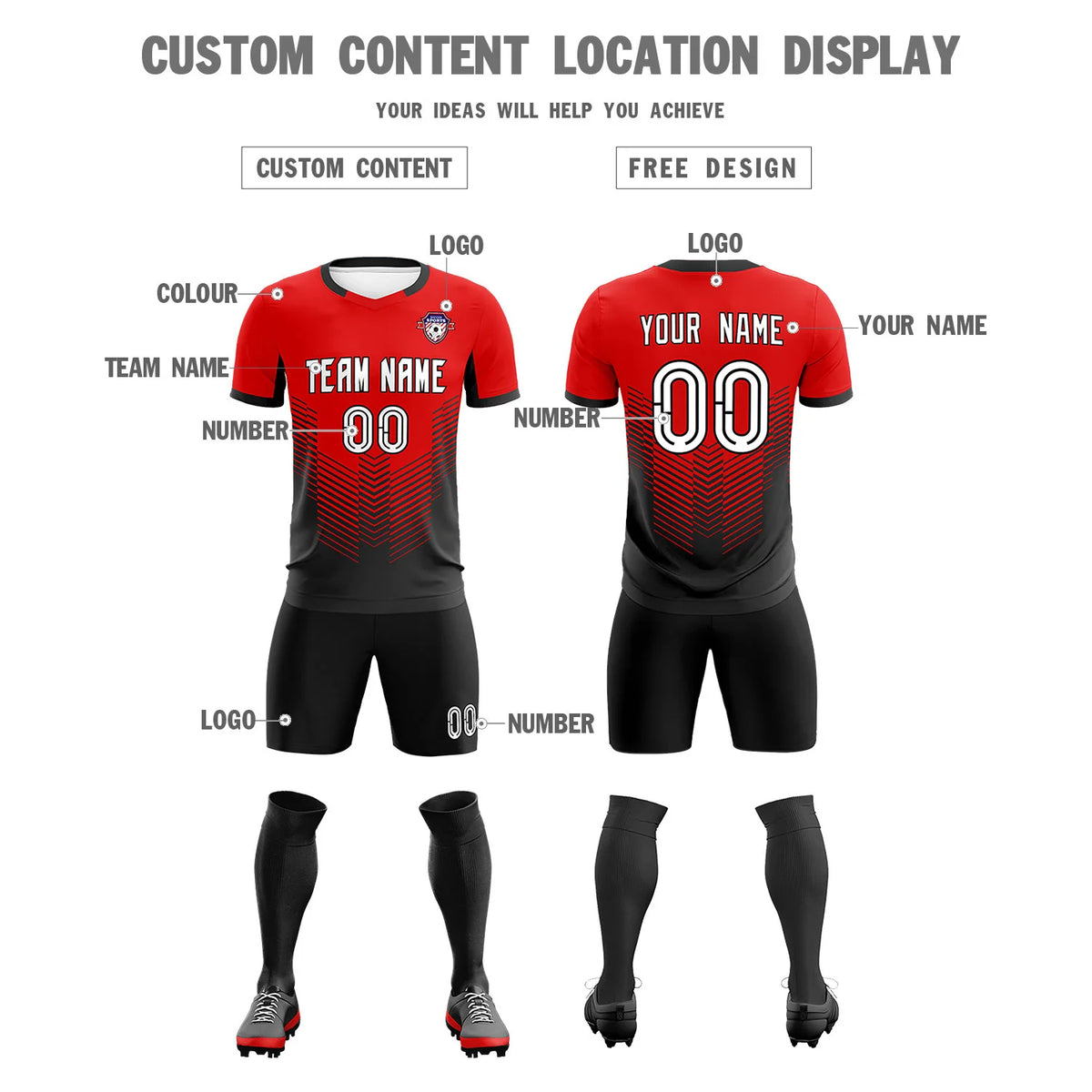 Custom Red Black Sport Soccer Sets Jersey