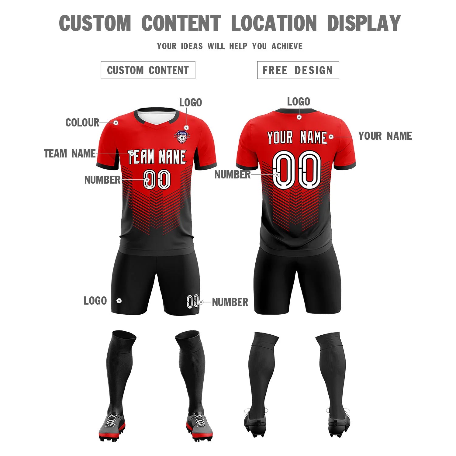 Custom Red Black Sport Soccer Sets Jersey