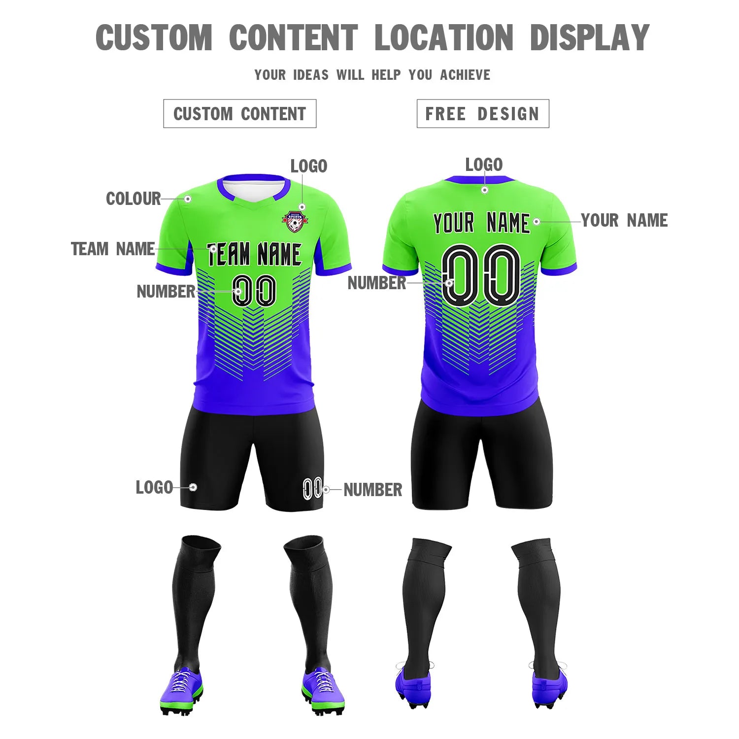 Custom Neon Green Royal Blue Sport Soccer Sets Jersey