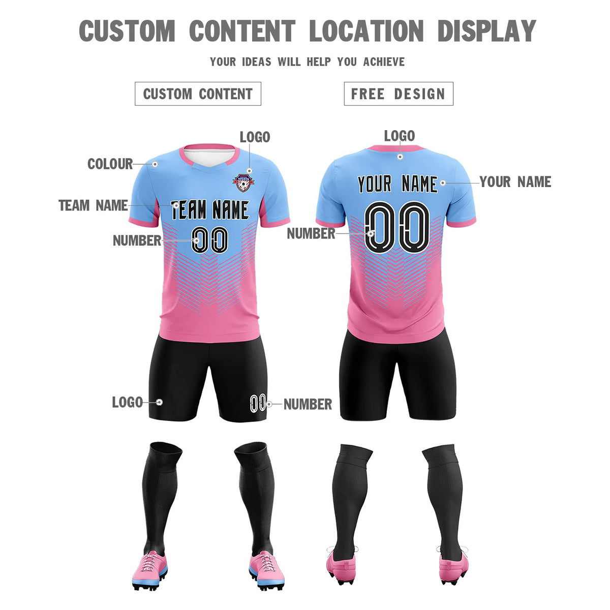 Custom Powder Blue Pink Sport Soccer Sets Jersey