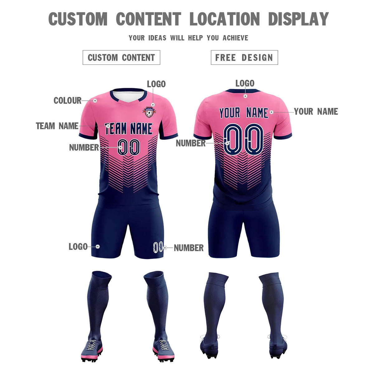 Custom Pink Navy Sport Soccer Sets Jersey