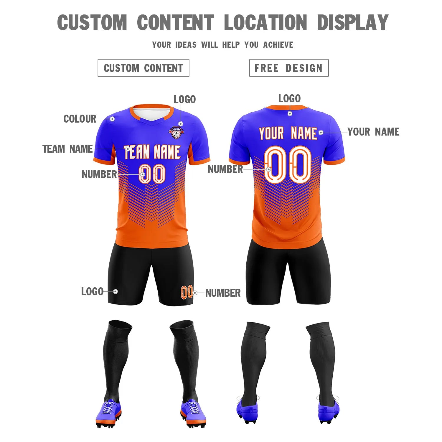 Custom Royal Blue Orange Sport Soccer Sets Jersey