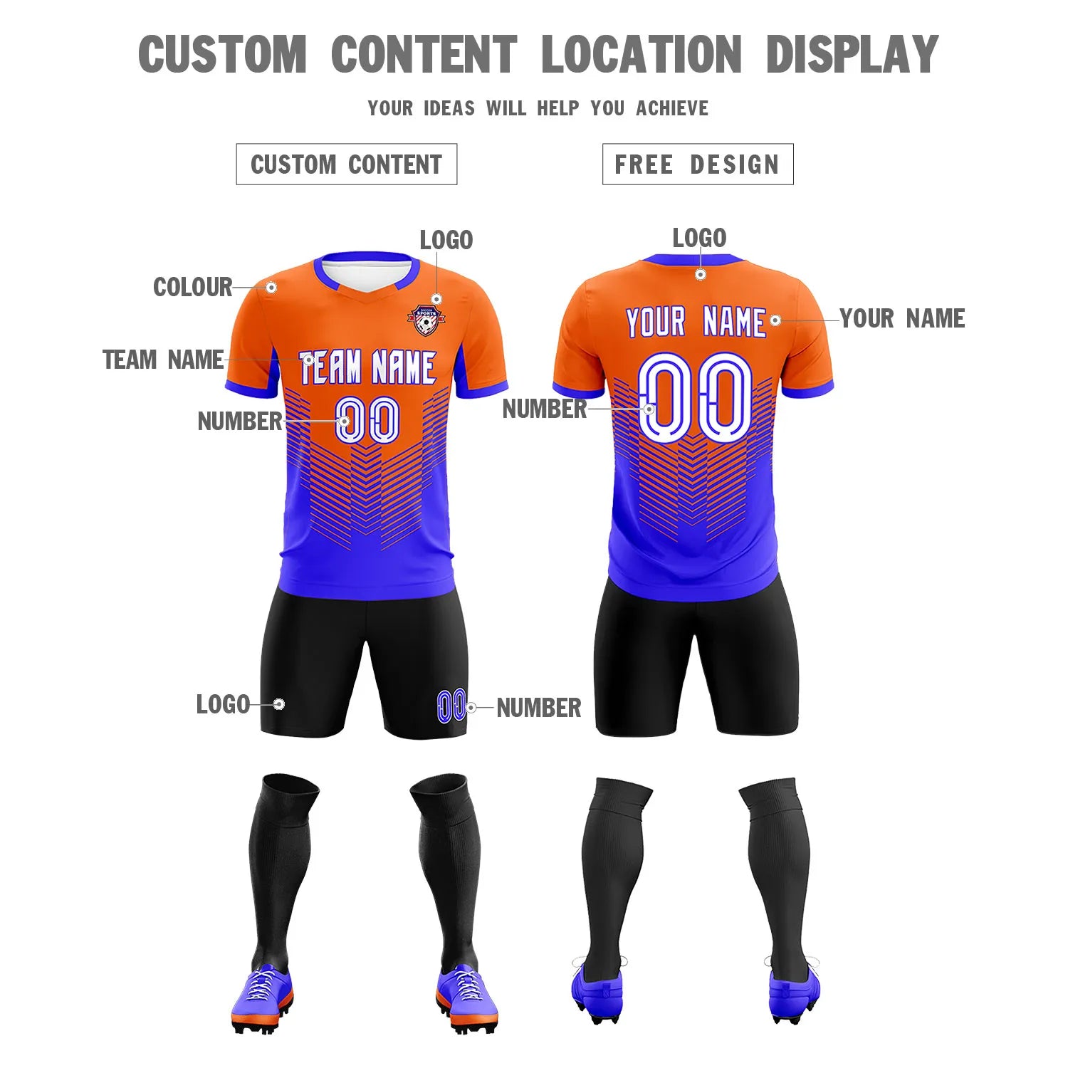 Custom Orange Royal Blue Sport Soccer Sets Jersey