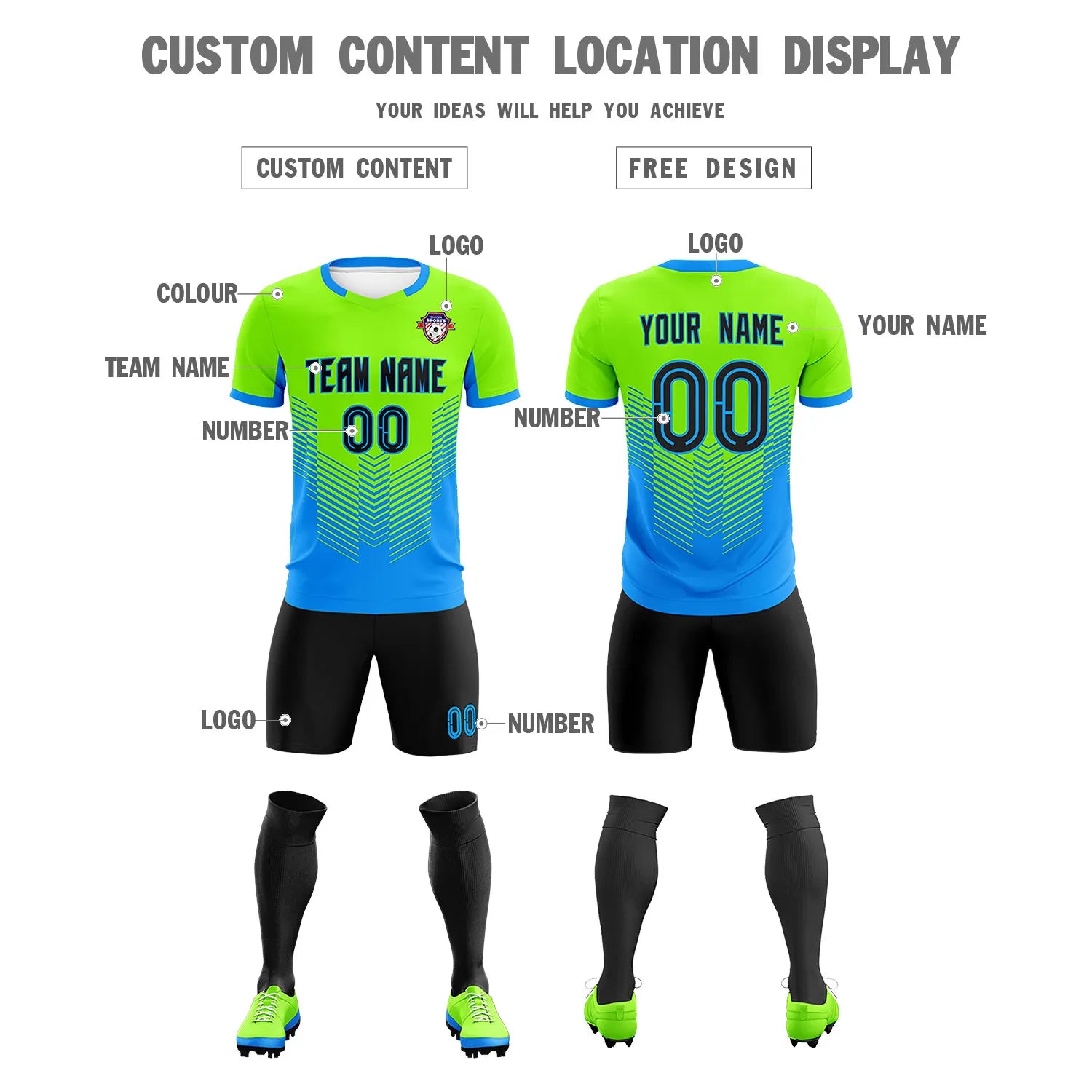 Custom Neon Green Powder Blue Sport Soccer Sets Jersey